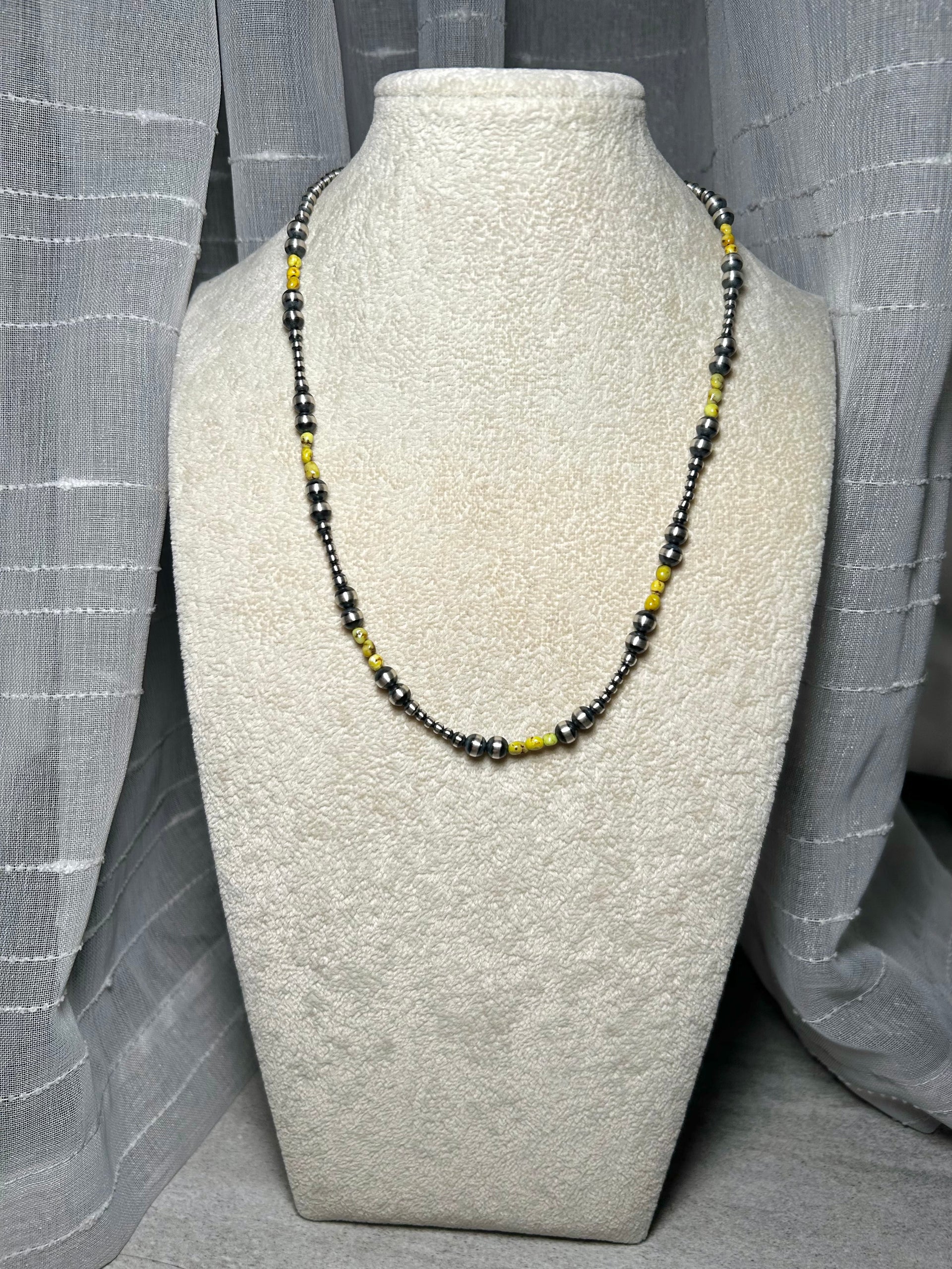 Navajo Strung Palomino Variscite & Sterling Silver Necklace