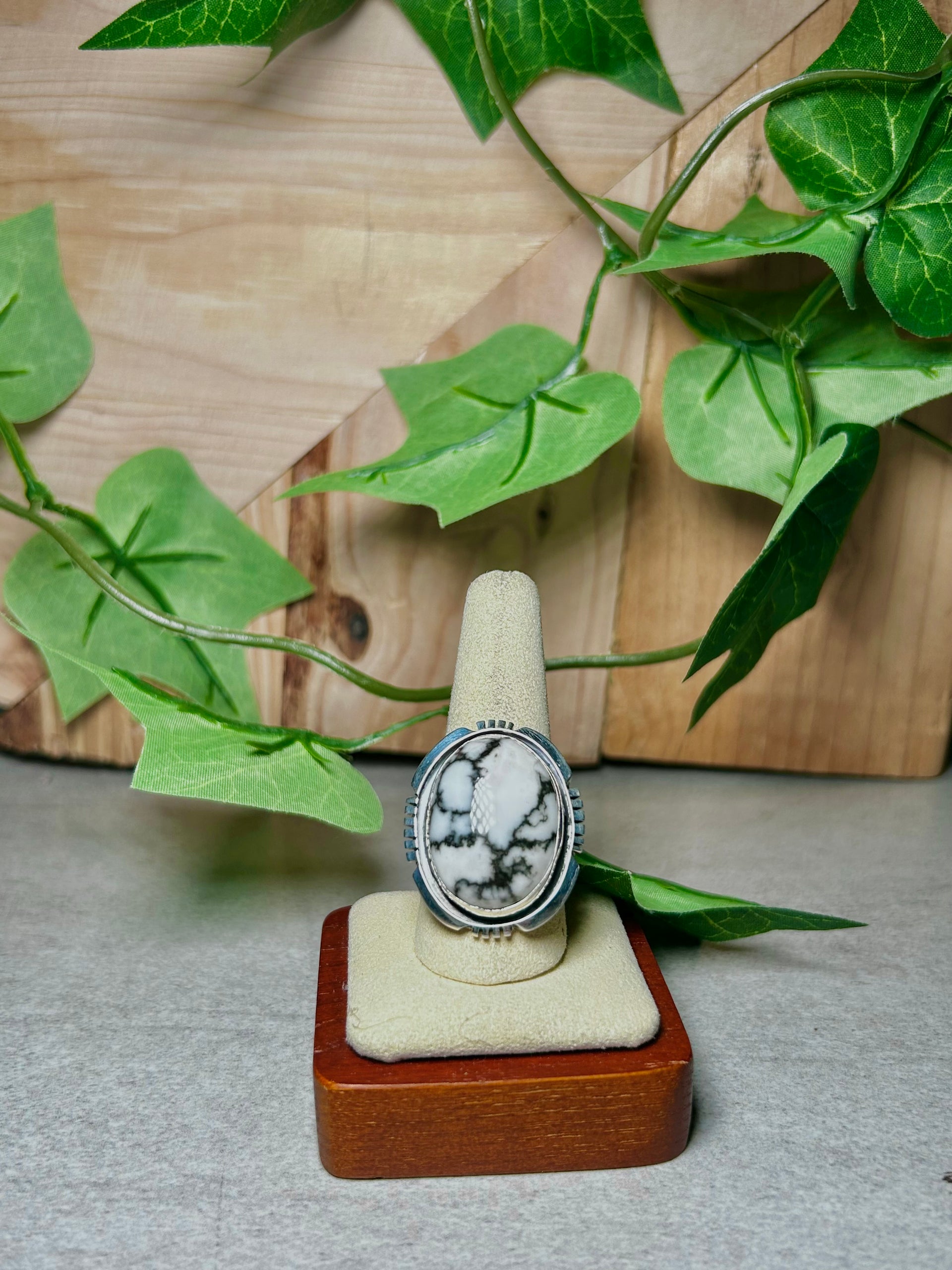 Navajo Made White Buffalo and Sterling Silver Ring Size 10.5