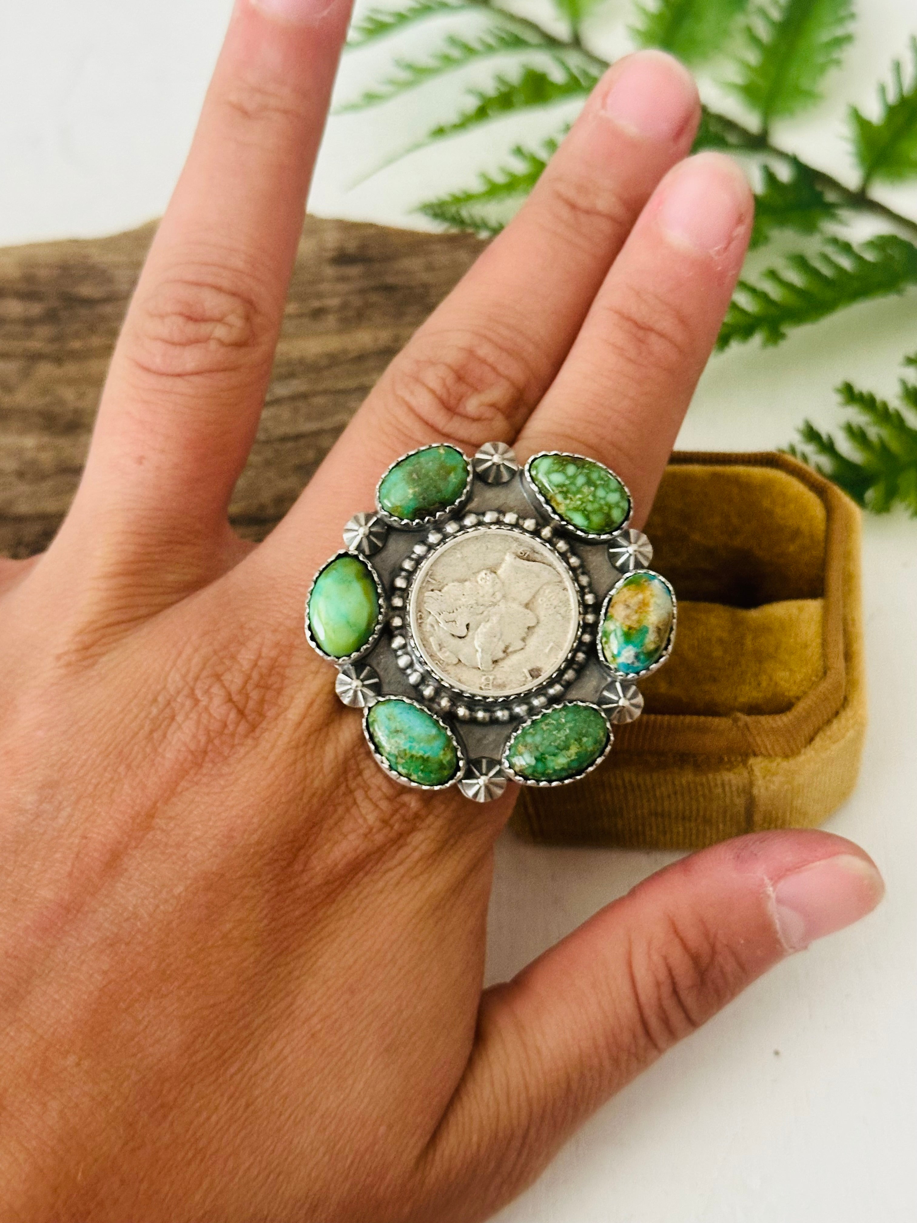 Navajo Made Sonoran Gold Turquoise & Sterling Silver Adjustable Ring