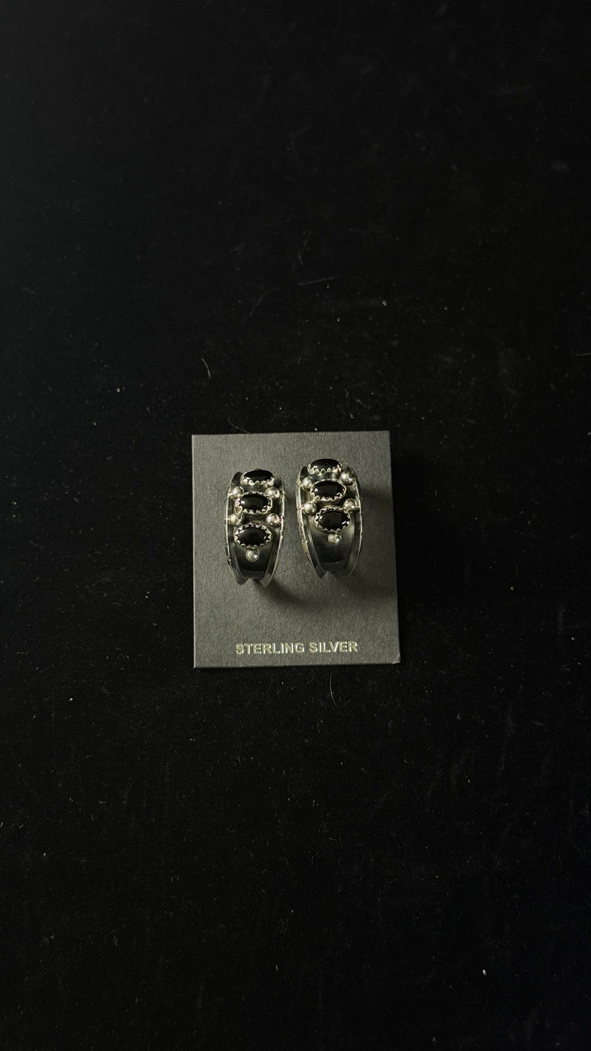 Navajo Handmade Onyx & Sterling Silver Post Dangle Hoop Earrings