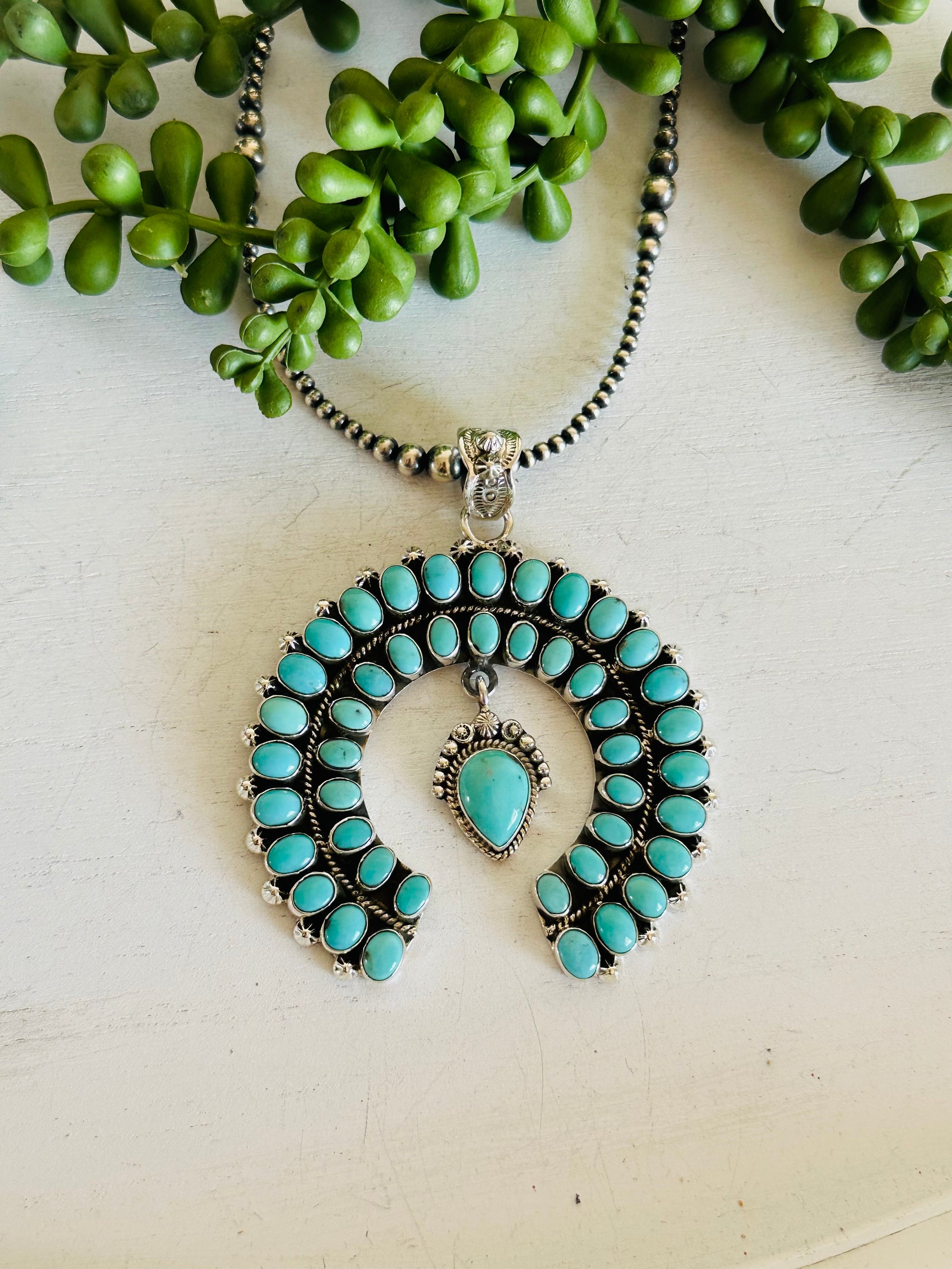Southwest Handmade Kingman Turquoise & Sterling Silver Cluster Naja Pendant