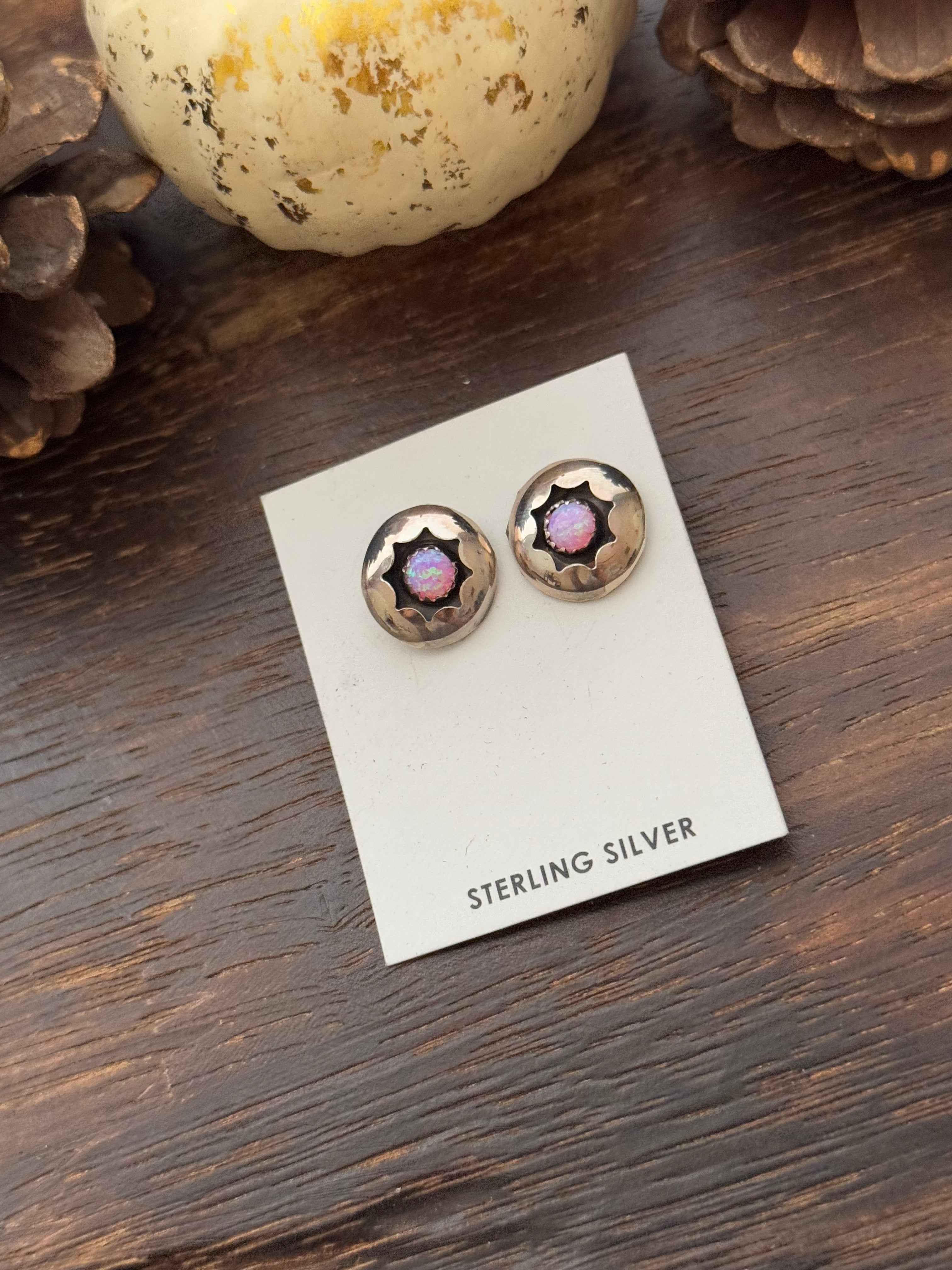 Navajo Made Opal & Sterling Silver Shadowbox Post Studs Earrings