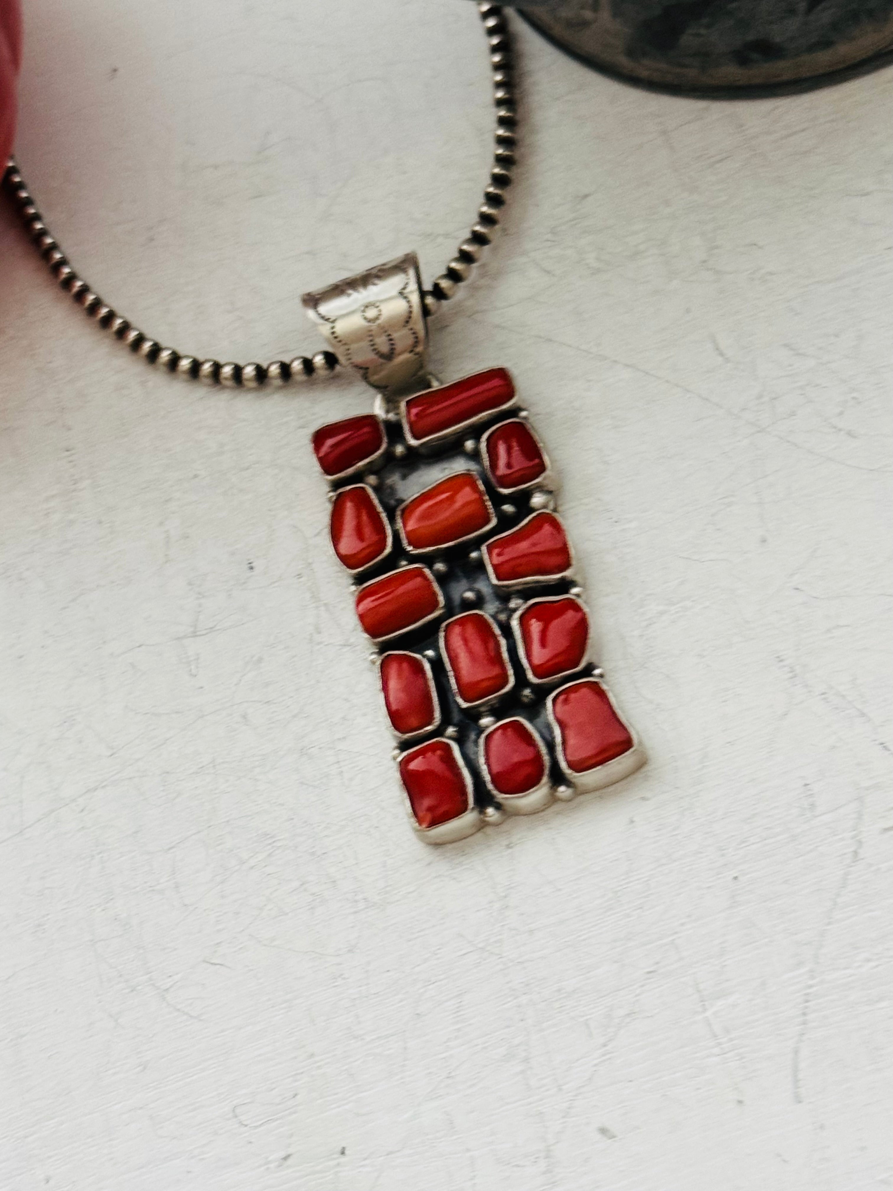 Navajo Made Mediterranean Coral & Sterling Silver Pendant