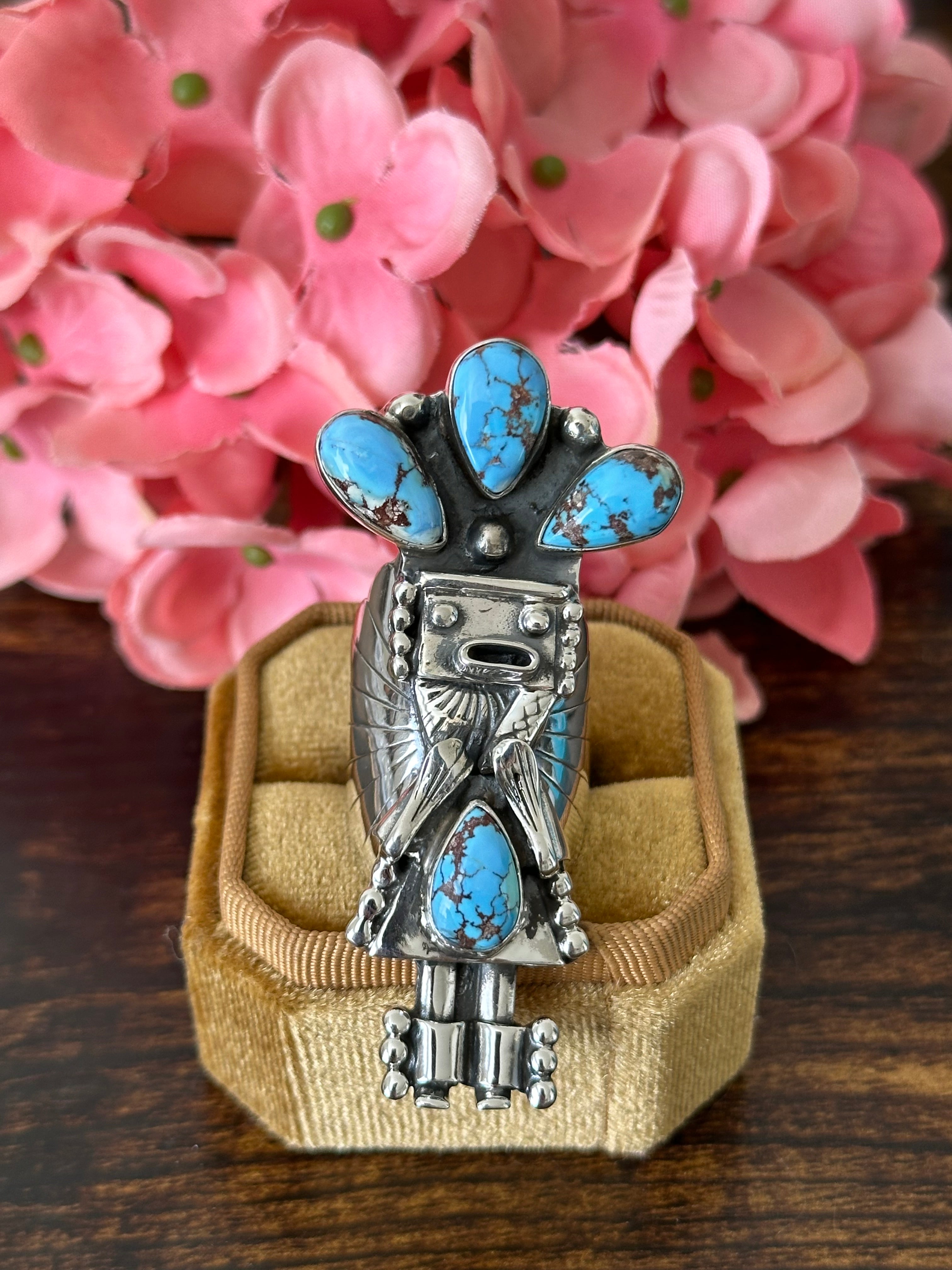 Southwest Handmade Golden Hills Turquoise & Sterling Silver Adjustable Kokopelli Ring