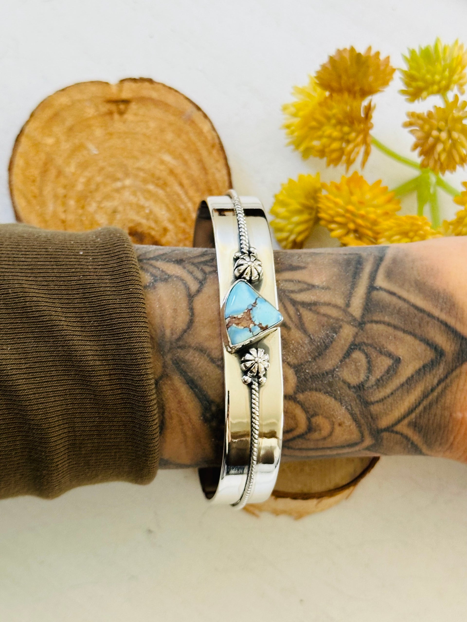 Southwest Made Golden Hills Turquoise & Sterling Silver Cuff Bracelet