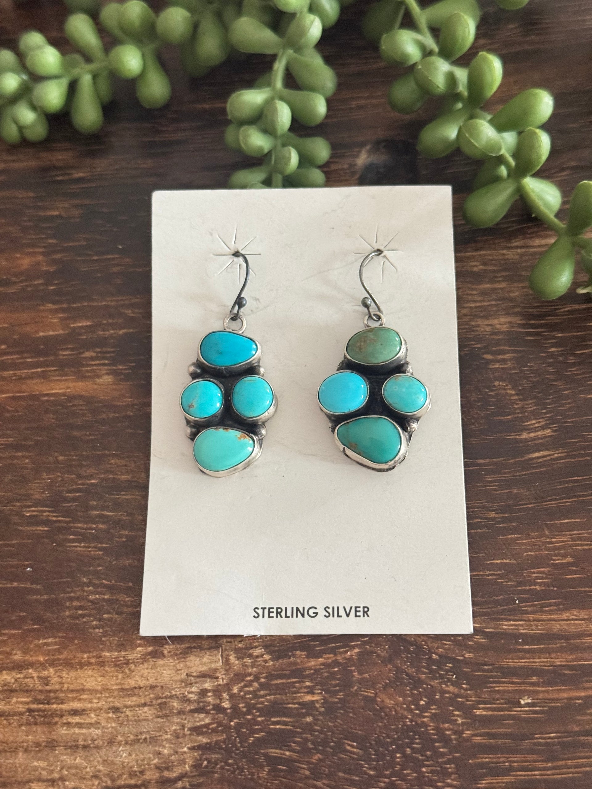 Lydia Begay Kingman Turquoise & Sterling Silver Dangle Cluster Earrings