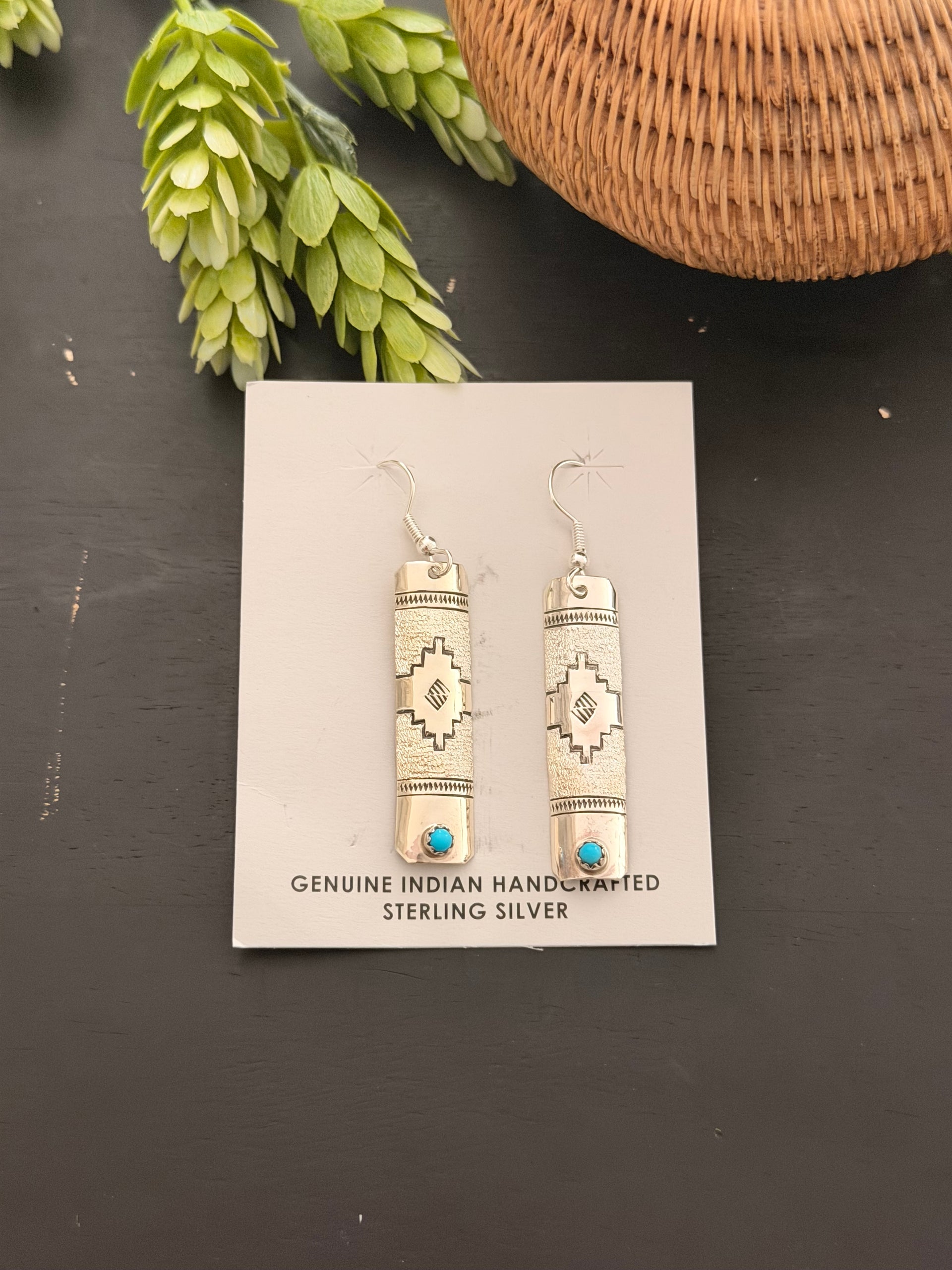 Navajo Made Kingman Turquoise Sterling Silver Dangle Earrings