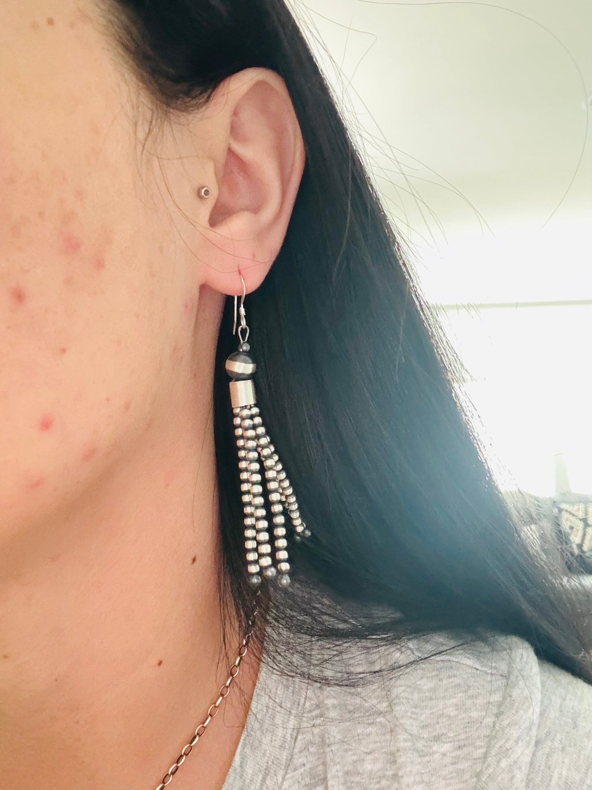 Navajo Strung Sterling Silver Pearls Dangle Earrings