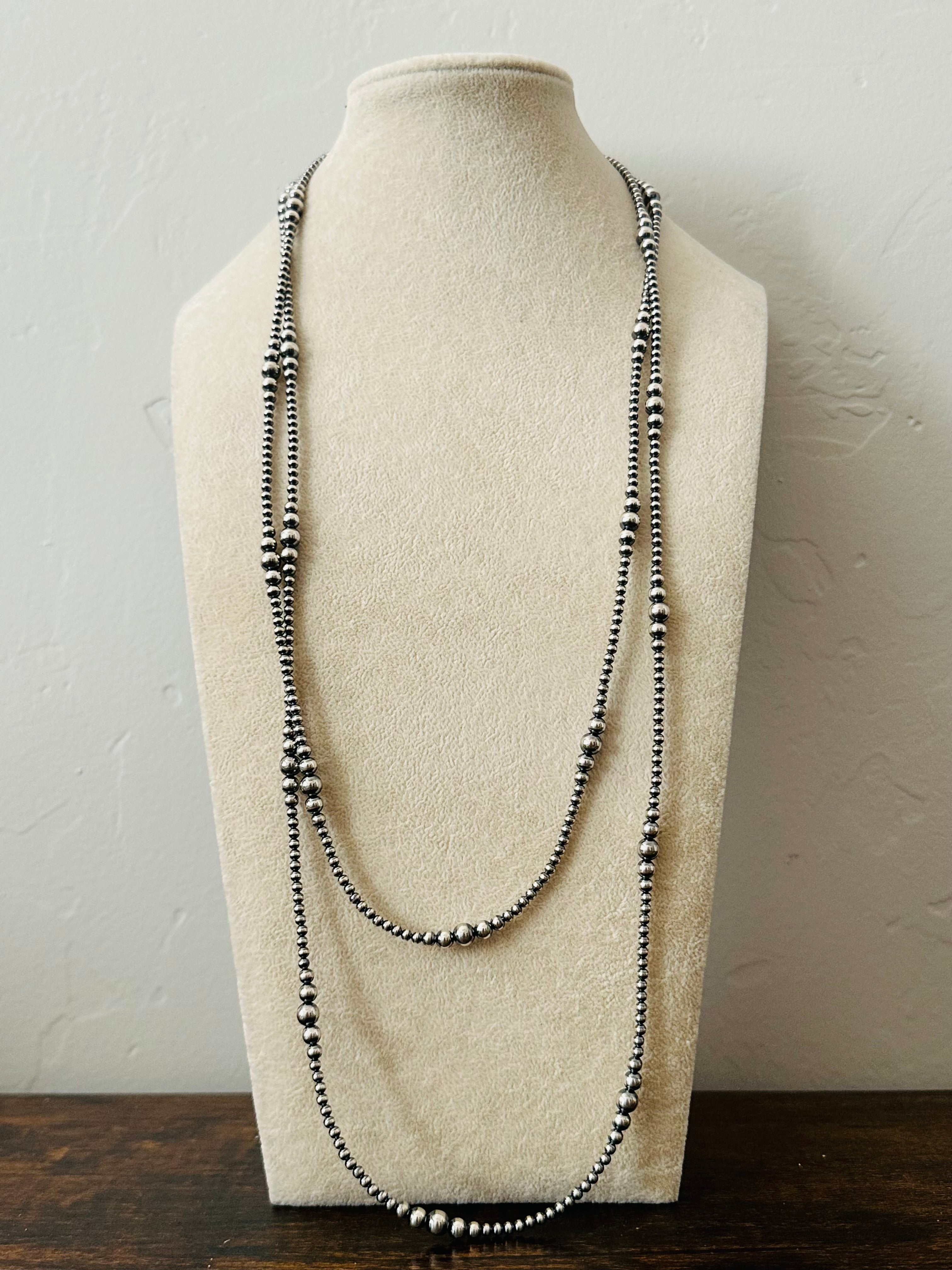 Navajo Strung Graduated Sterling Silver Pearls Beaded Necklace