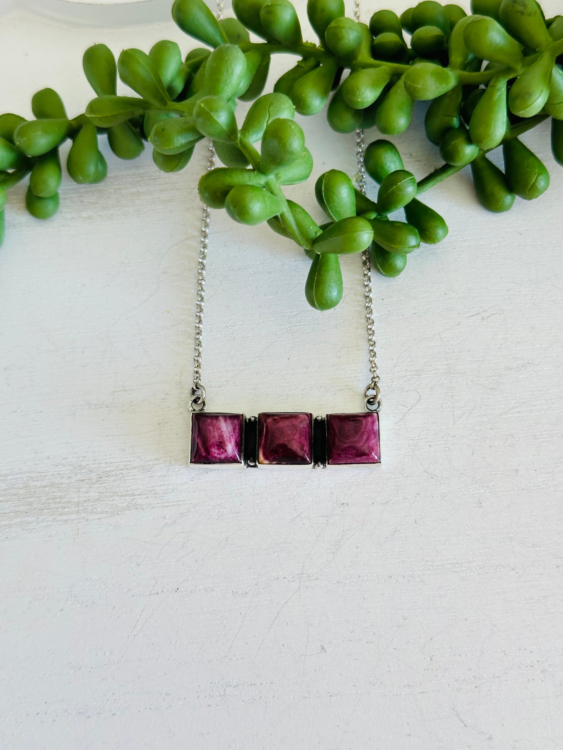 Southwest Handmade Purple Spiny Oyster & Sterling Silver Cluster Necklace