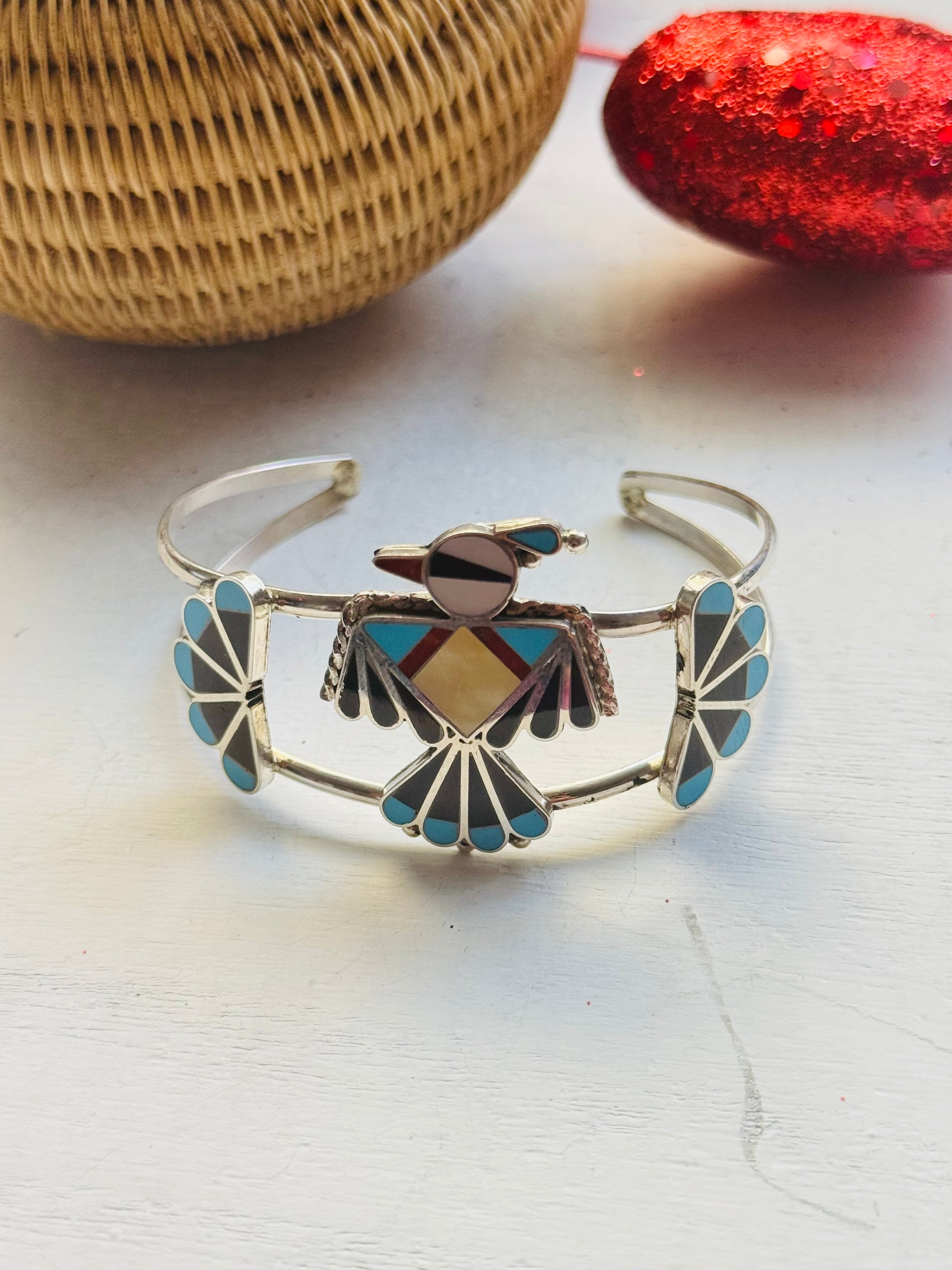 Zuni Made Multi Stone & Sterling Silver Inlay Thunderbird Cuff Bracelet