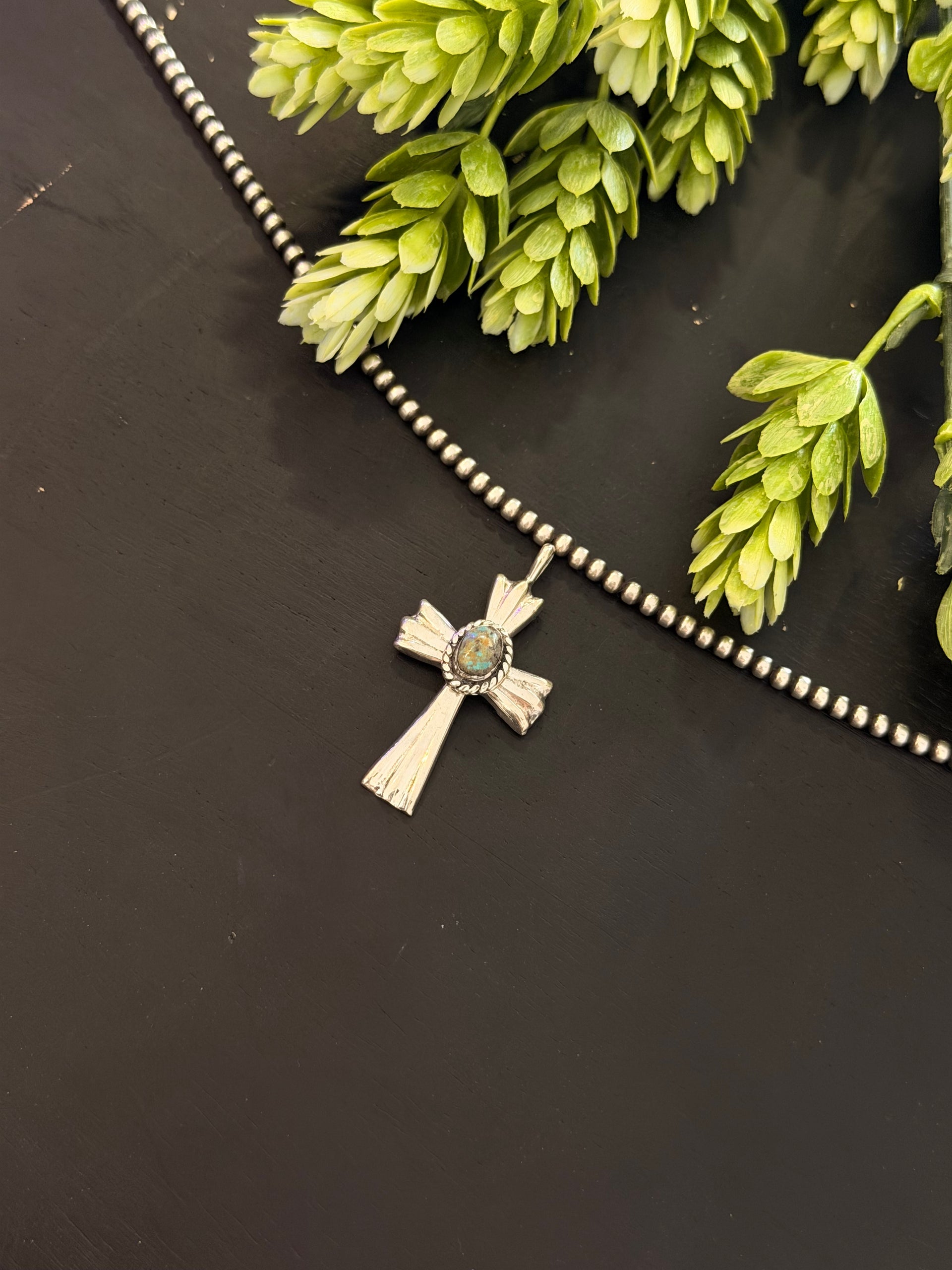 Navajo Made Turquoise & Sterling Silver Cross Pendant