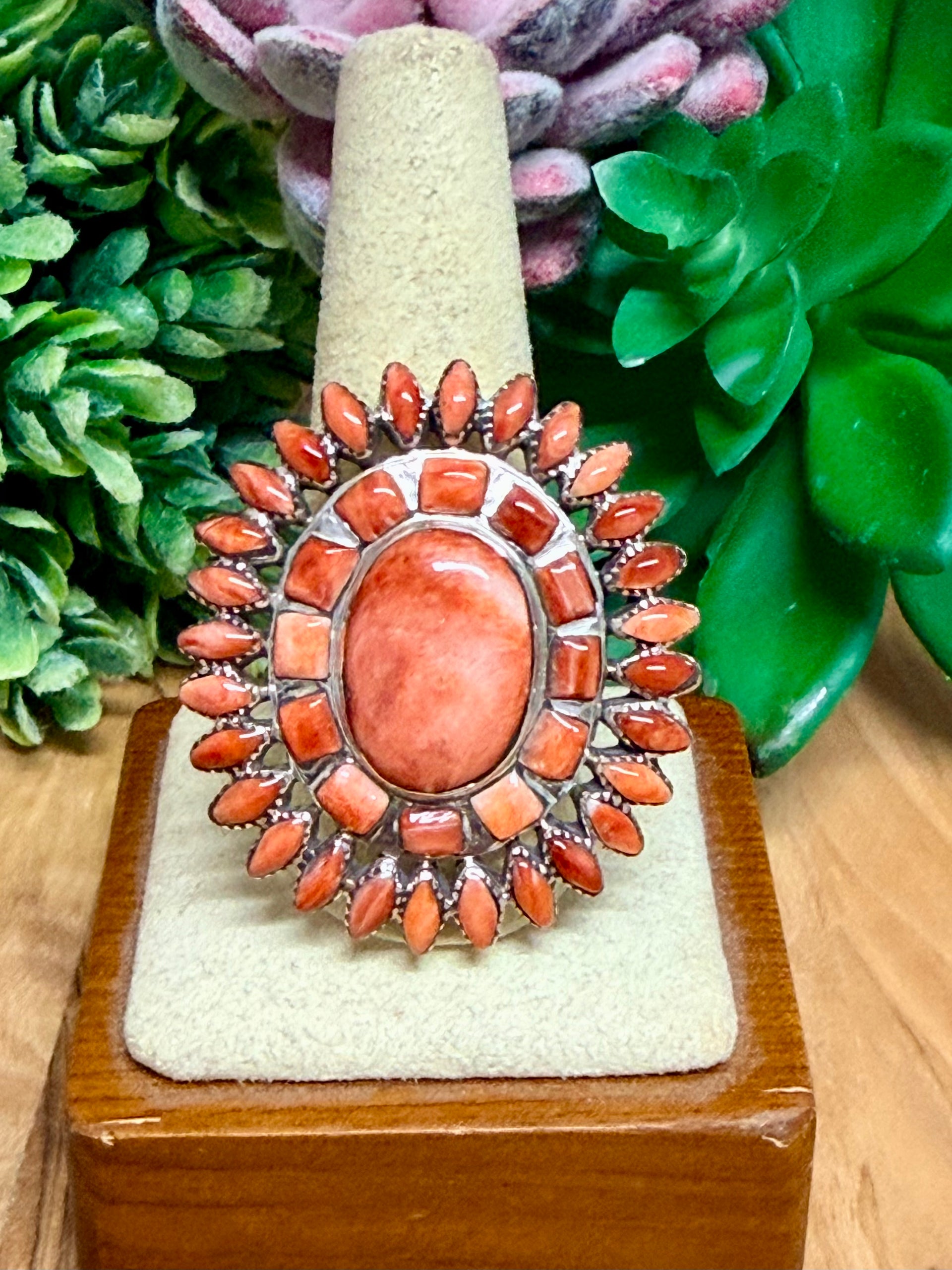 Southwest Red Spiny Oyster & Sterling Silver Adjustable Ring