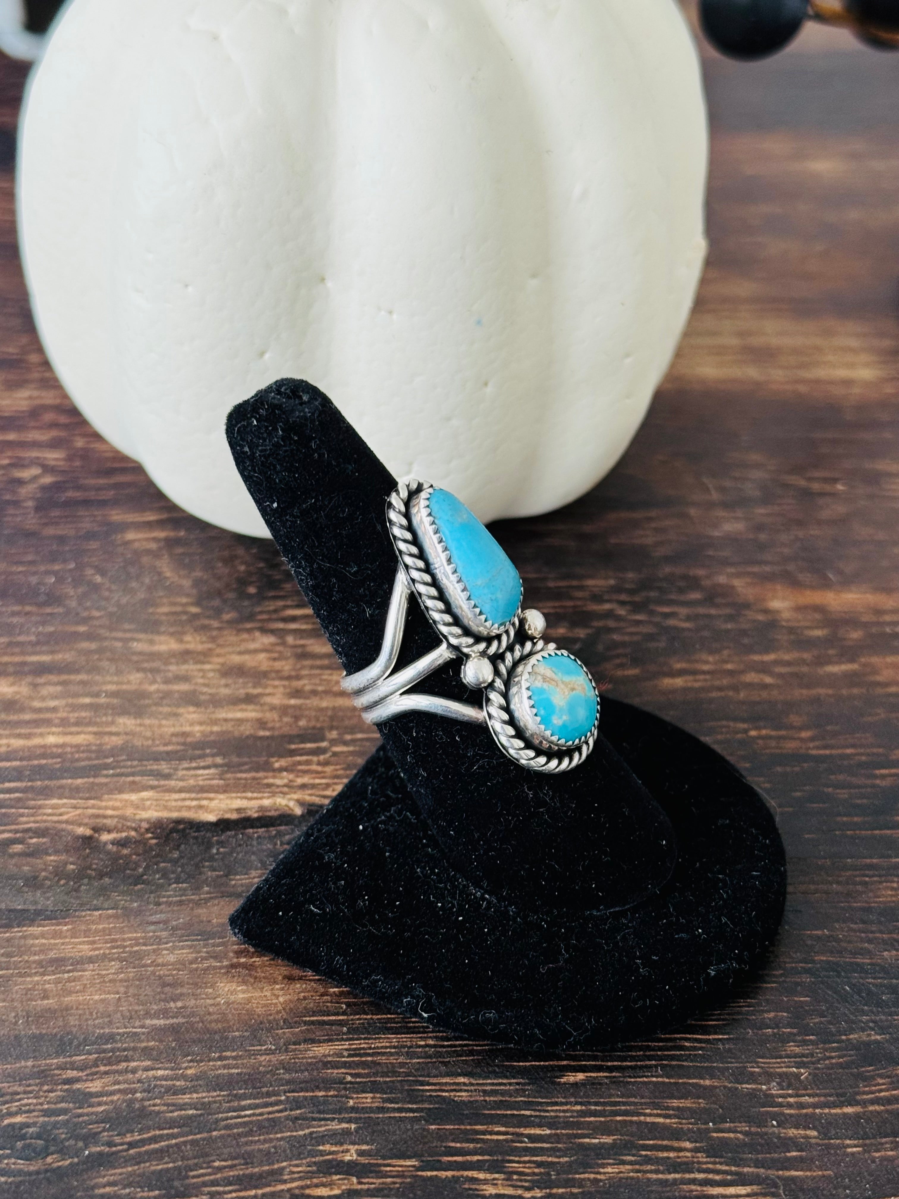 Navajo Made Kingman Turquoise & Sterling Silver Ring Size 8