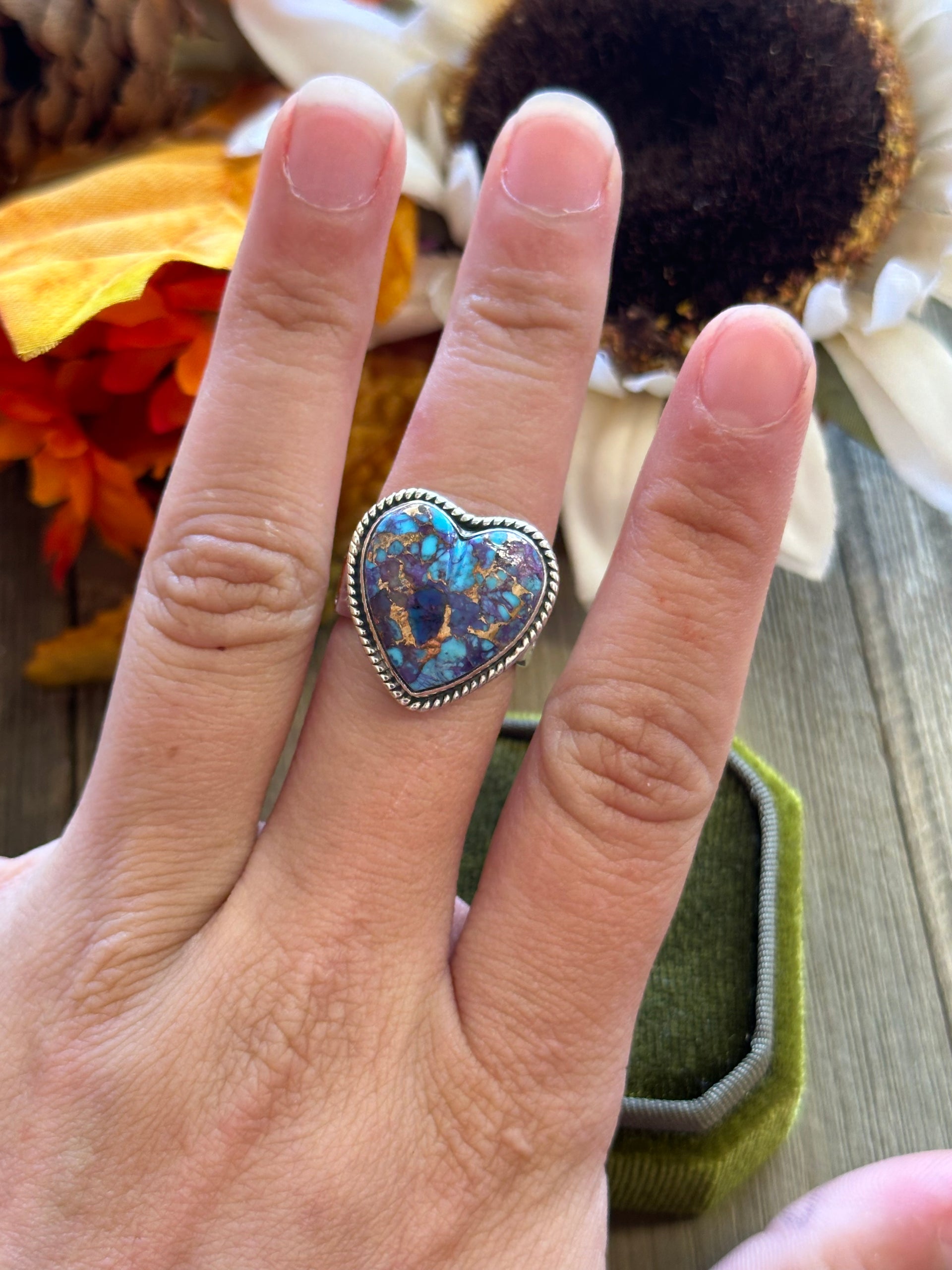Southwest Handmade Mohave Turquoise & Sterling Silver Adjustable Heart Ring