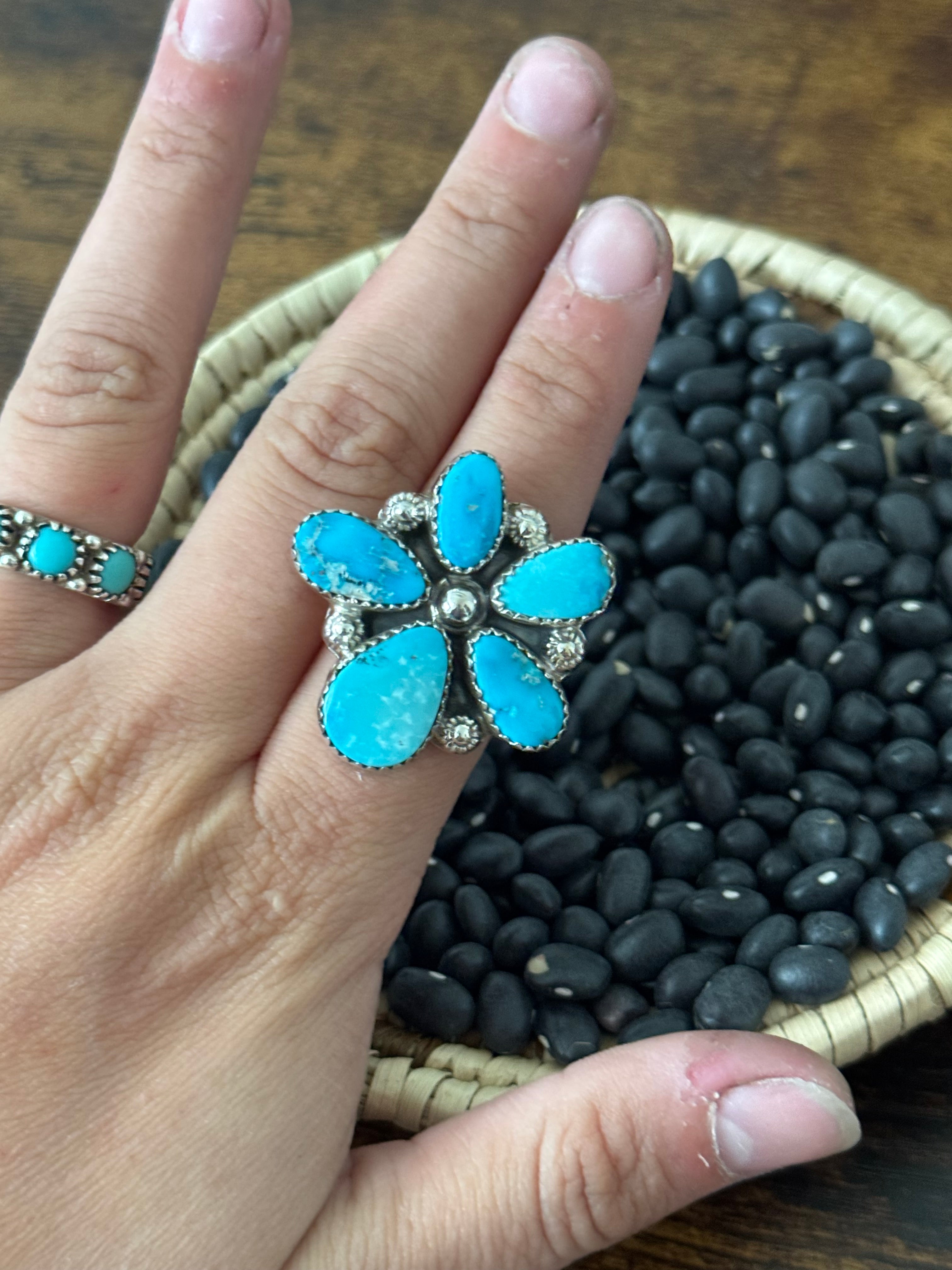 Southwest Handmade Valley Blue Turquoise & Sterling Silver Adjustable Cluster Ring