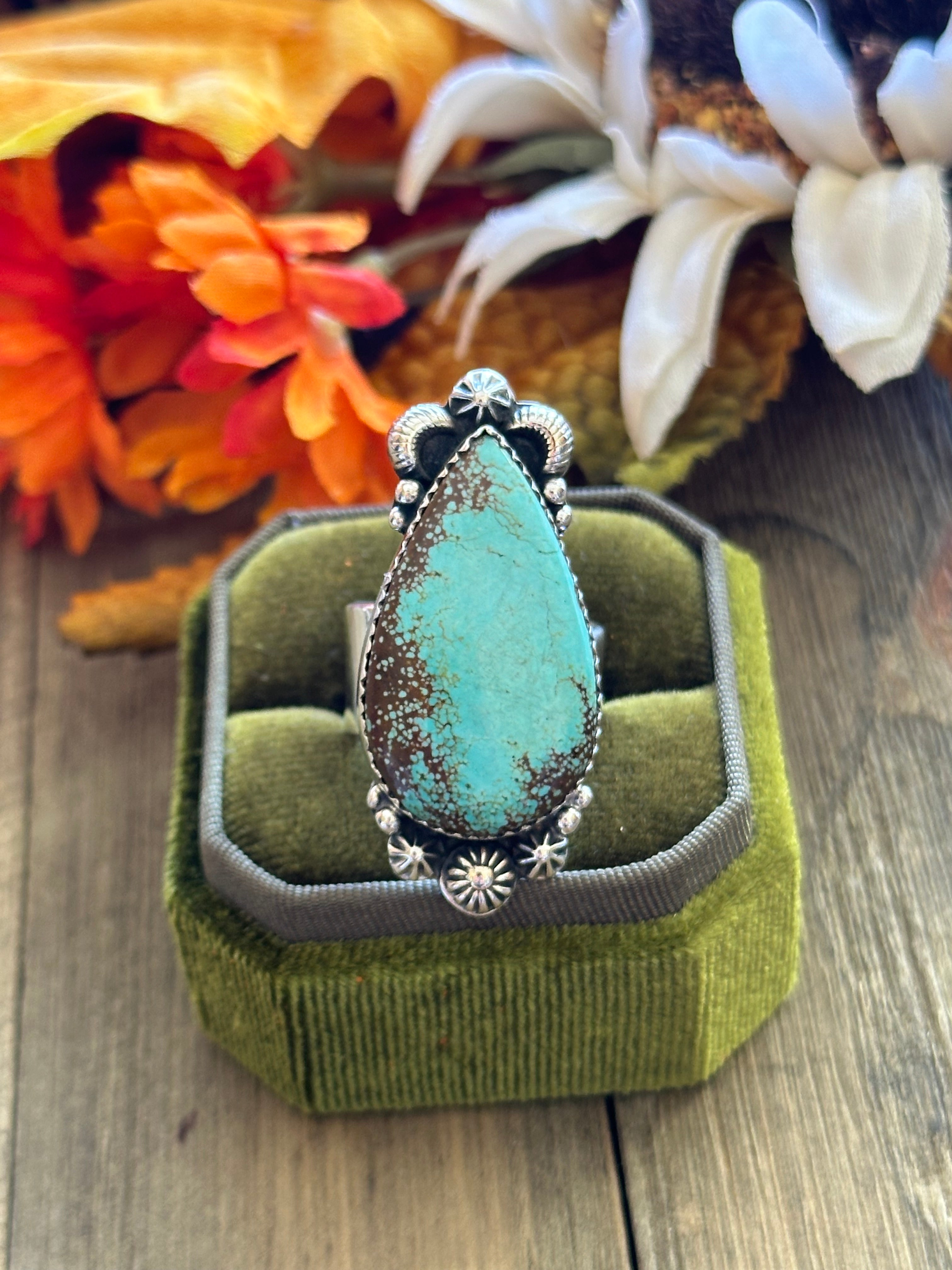 Southwest Handmade #8 Turquoise & Sterling Silver Adjustable Ring