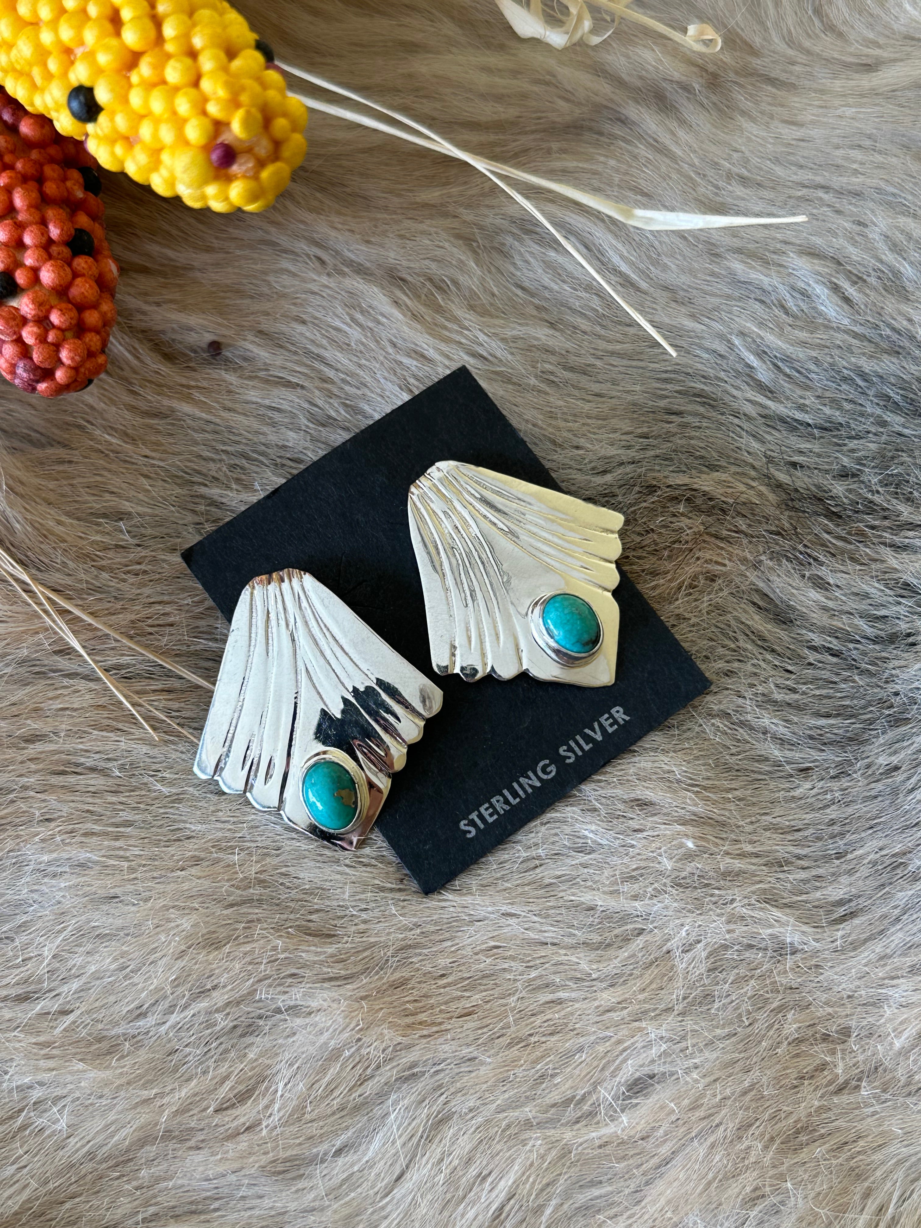 Navajo Made Kingman Turquoise & Sterling Silver Post Earrings