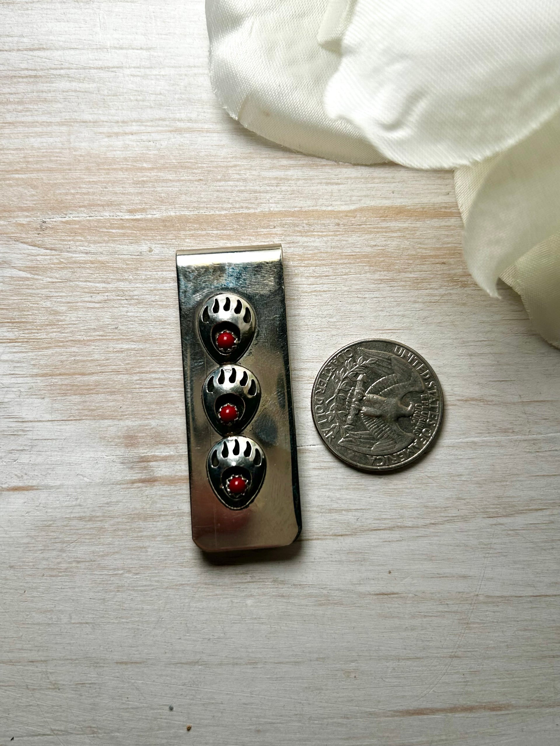 Navajo Made Coral & Sterling Silver Money Clip