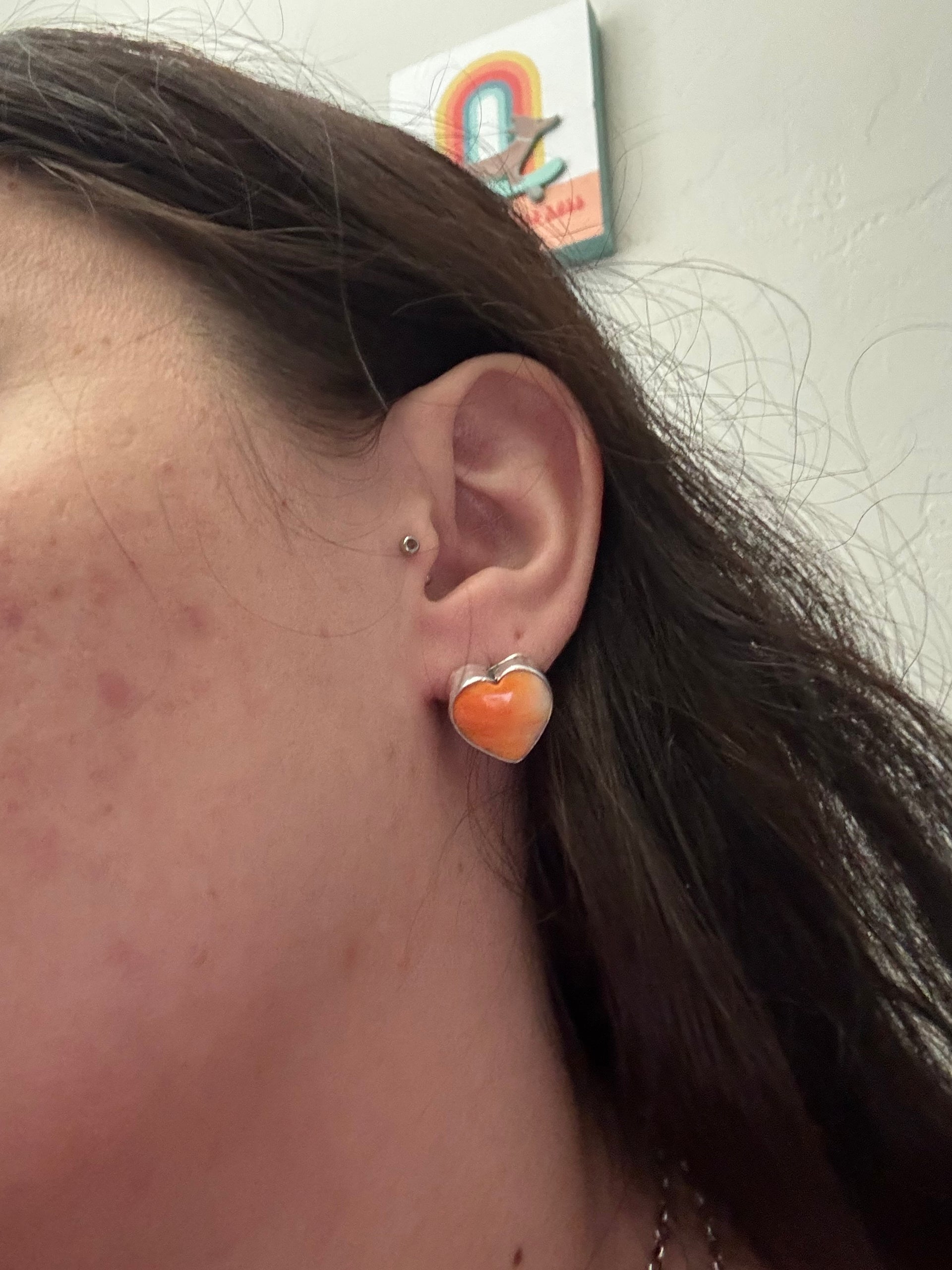 Navajo Made Spiny Oys & Sterling Silver Post Heart Earrings