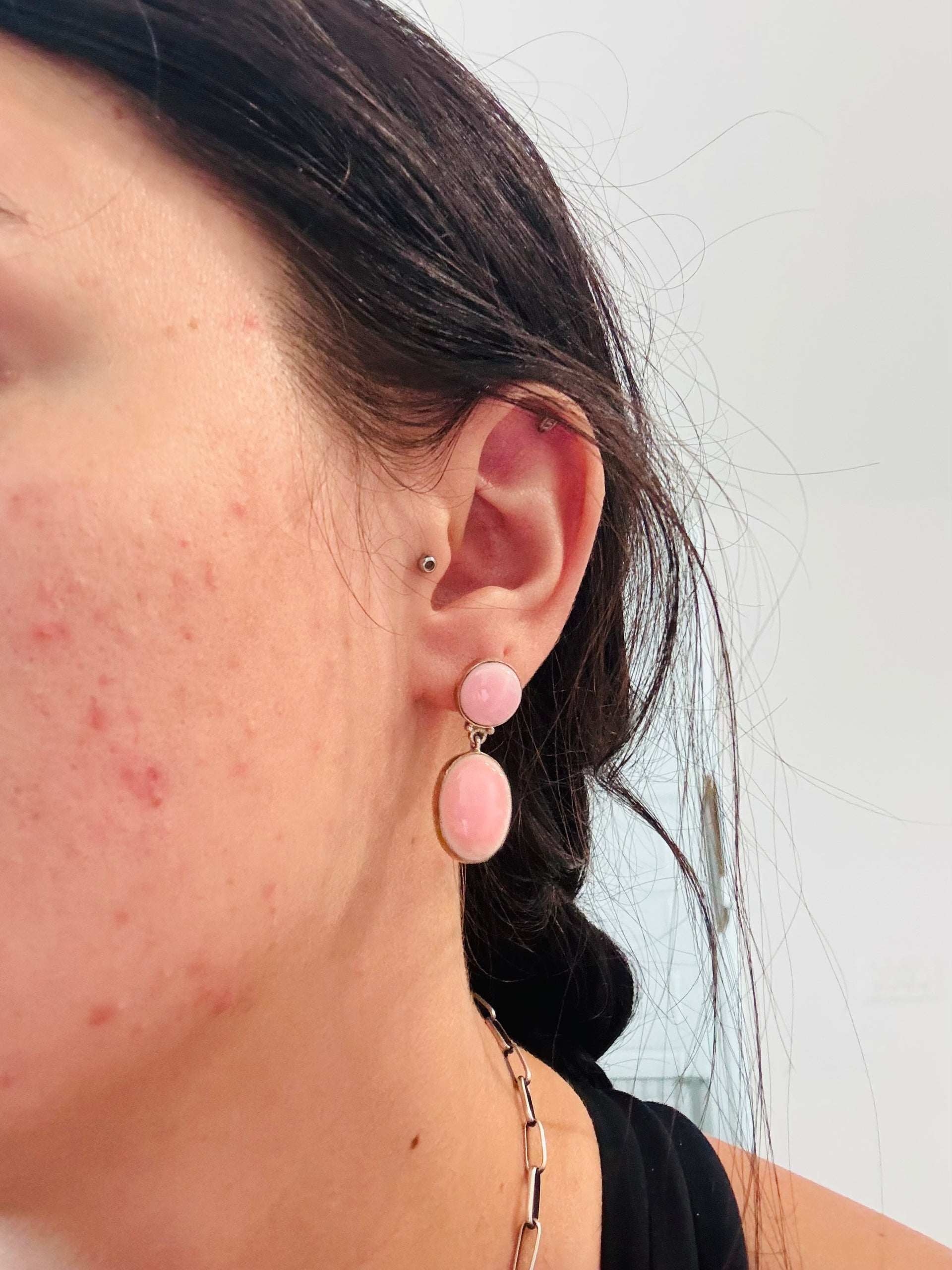 Southwest Made Pink Conch & Sterling Silver Post Dangle Earrings