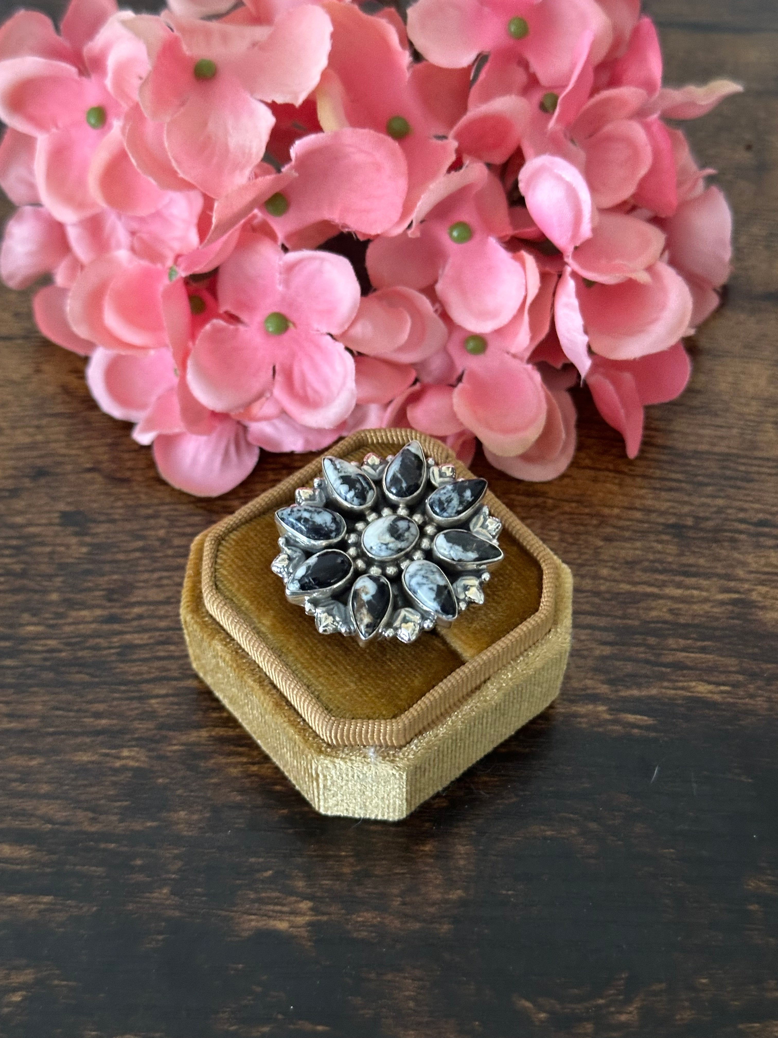 Southwest Handmade White Buffalo & Sterling Silver Cluster Adjustable Ring