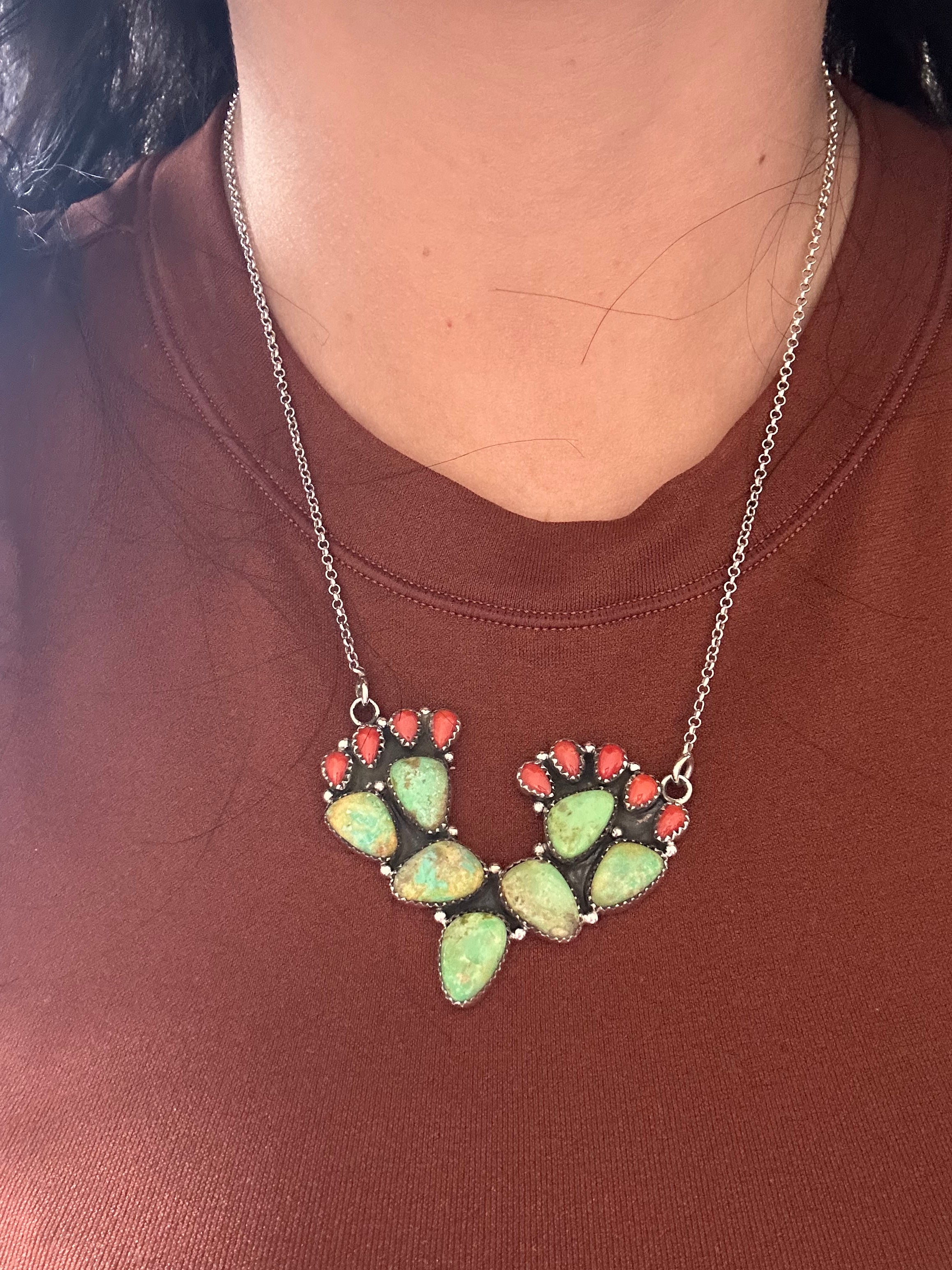 Southwest Handmade Multi Stone & Sterling Silver Cactus Necklace