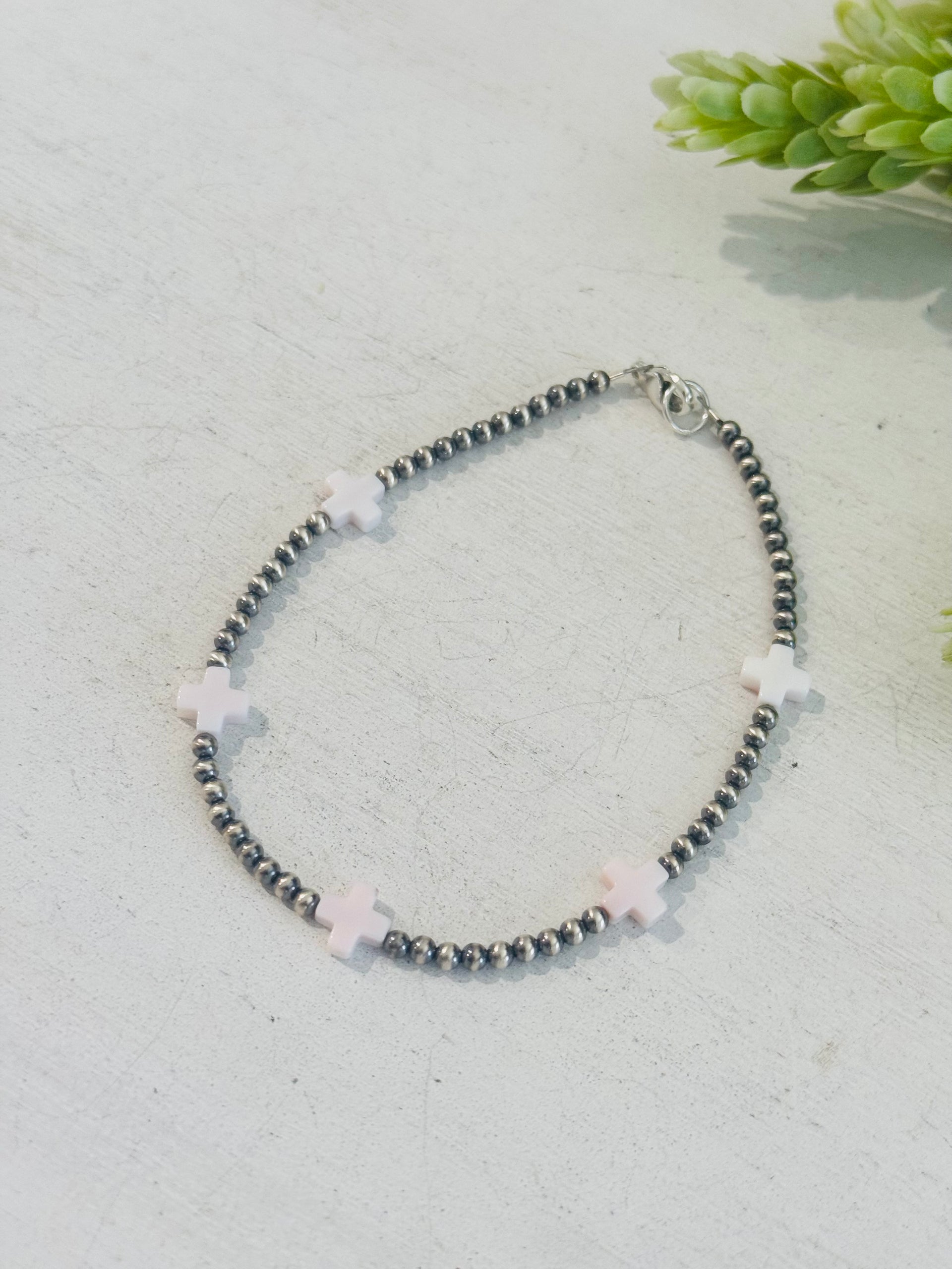 Southwest Strung Pink Conch & Sterling Silver Beaded Anklet