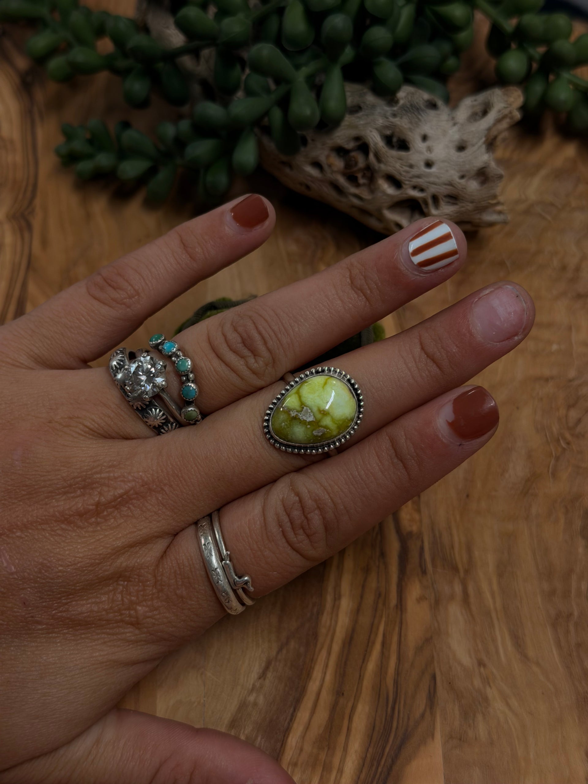 Navajo Made Palomino Variscite & Sterling Silver Ring Size 7.75