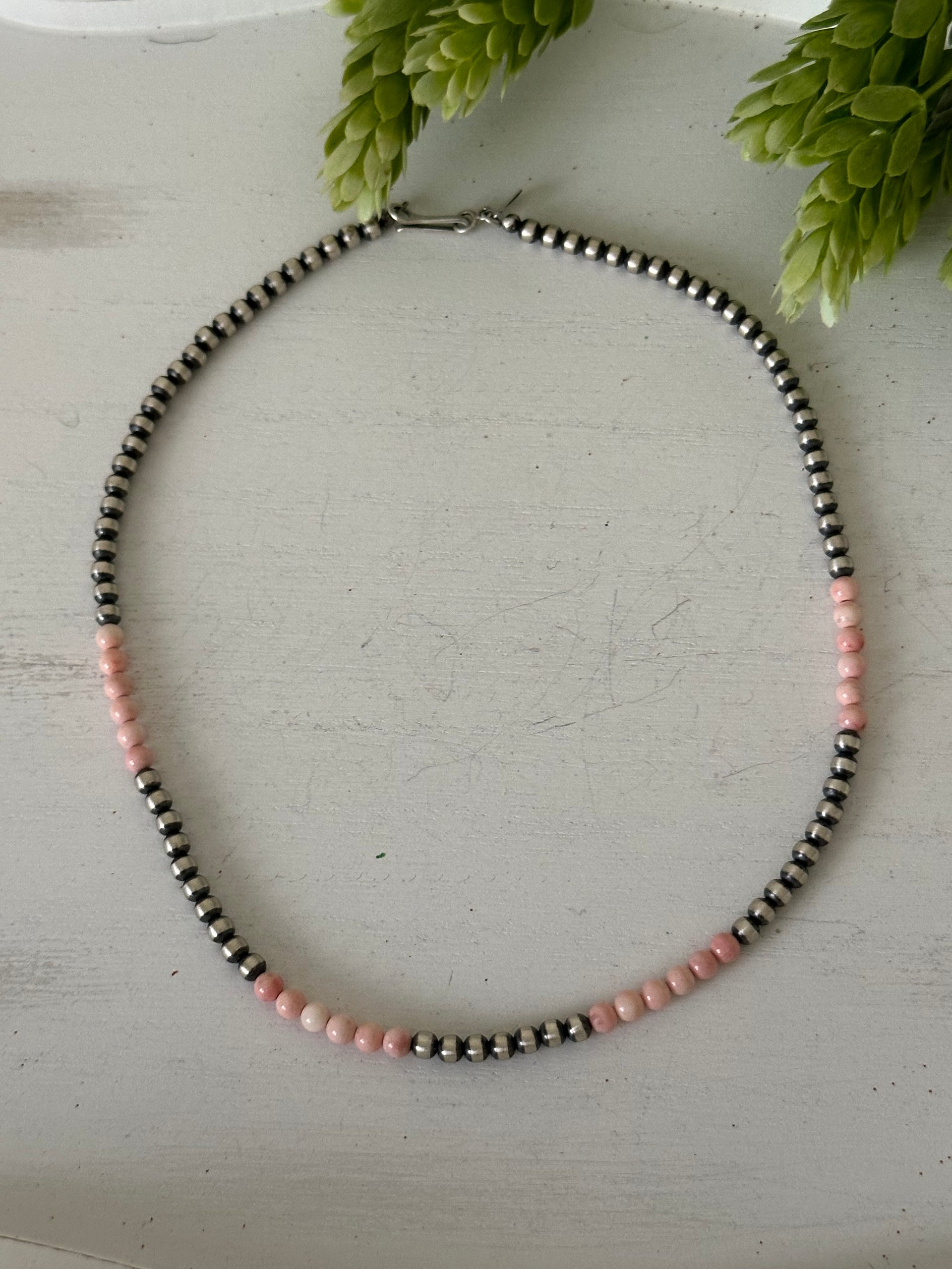 Navajo Strung Pink Conch & Sterling Silver Pearls Beaded Necklace
