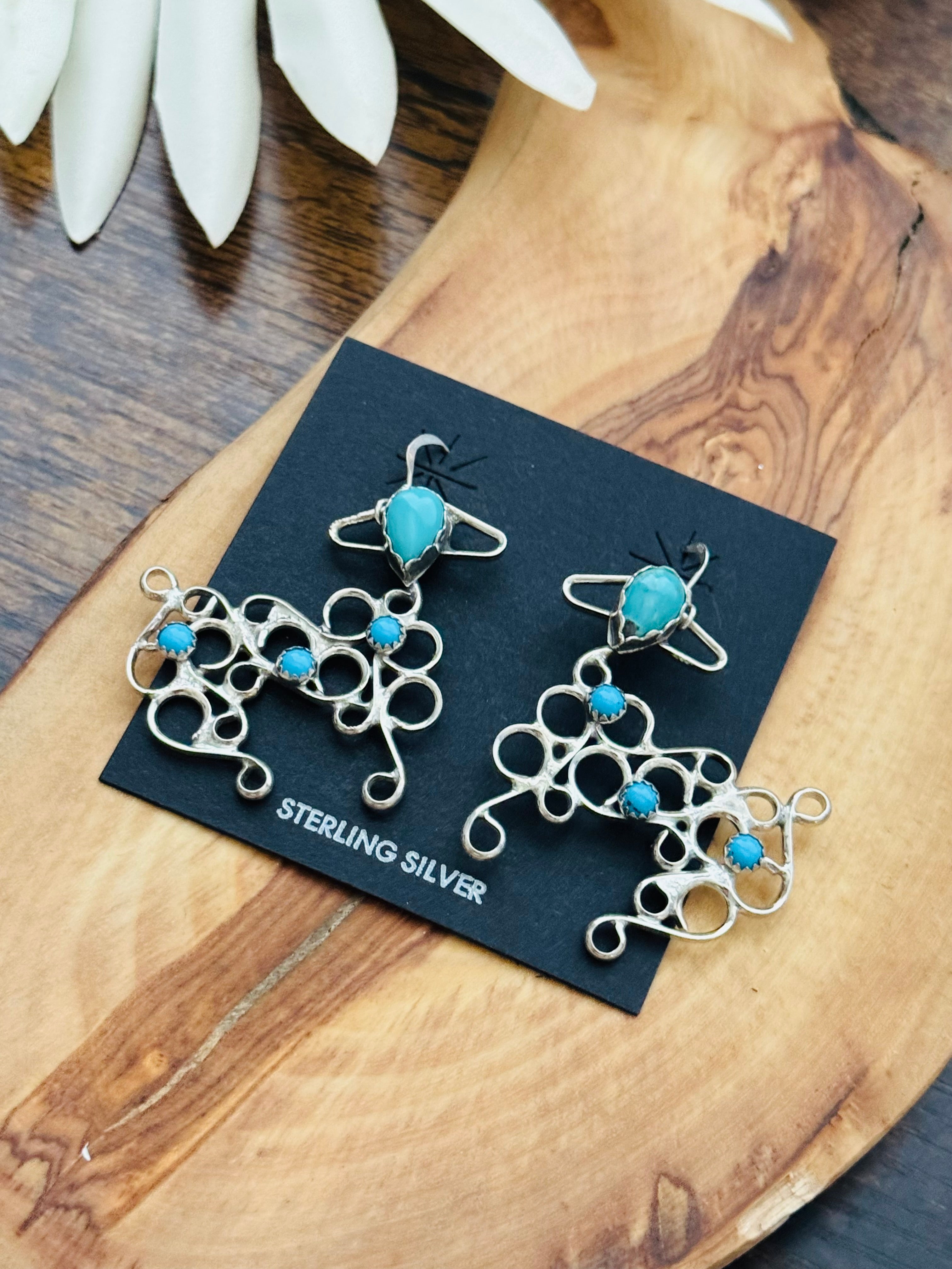 Navajo Made Kingman Turquoise & Sterling Silver Dangle Earrings