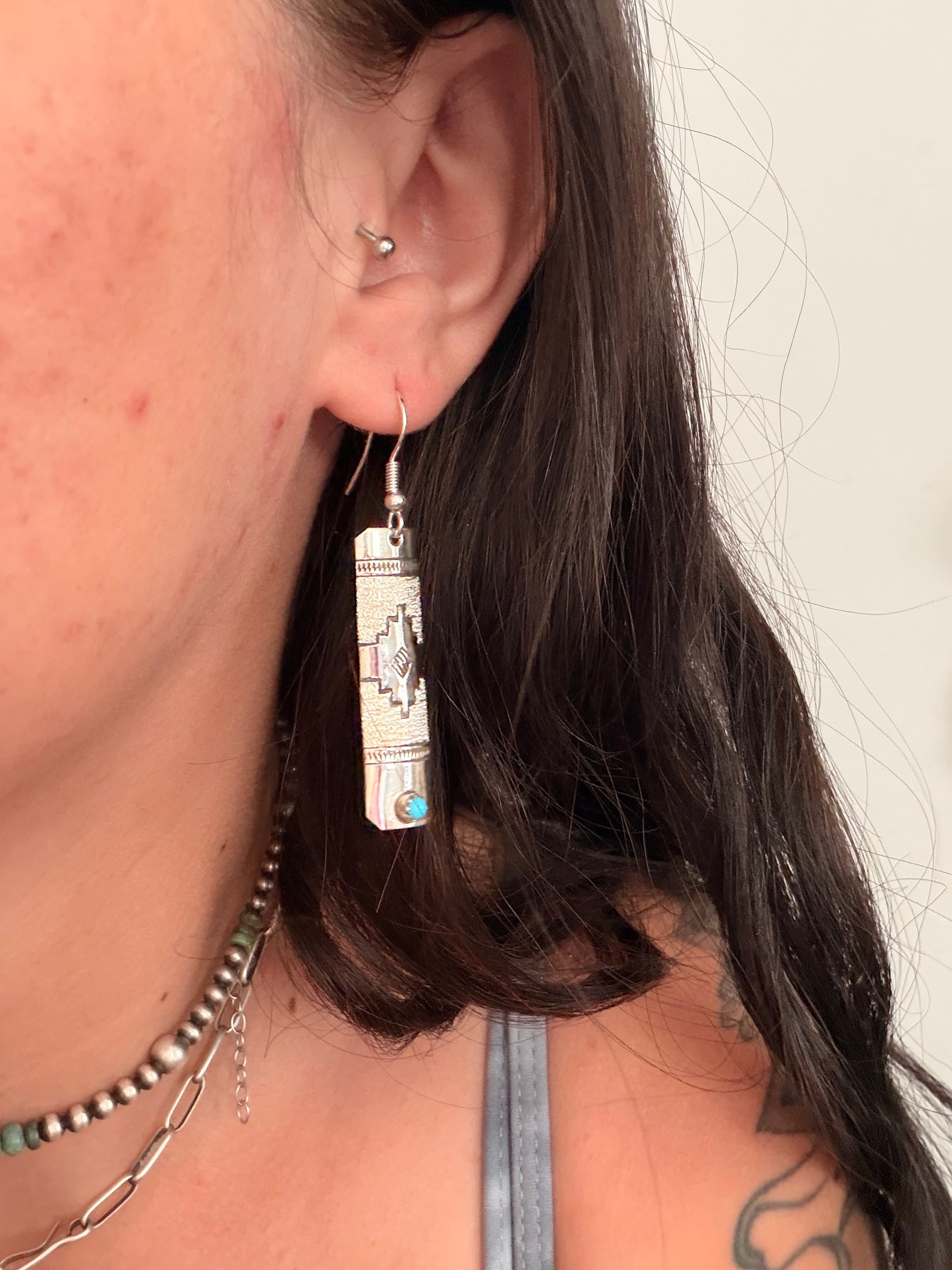 Navajo Made Kingman Turquoise Sterling Silver Dangle Earrings