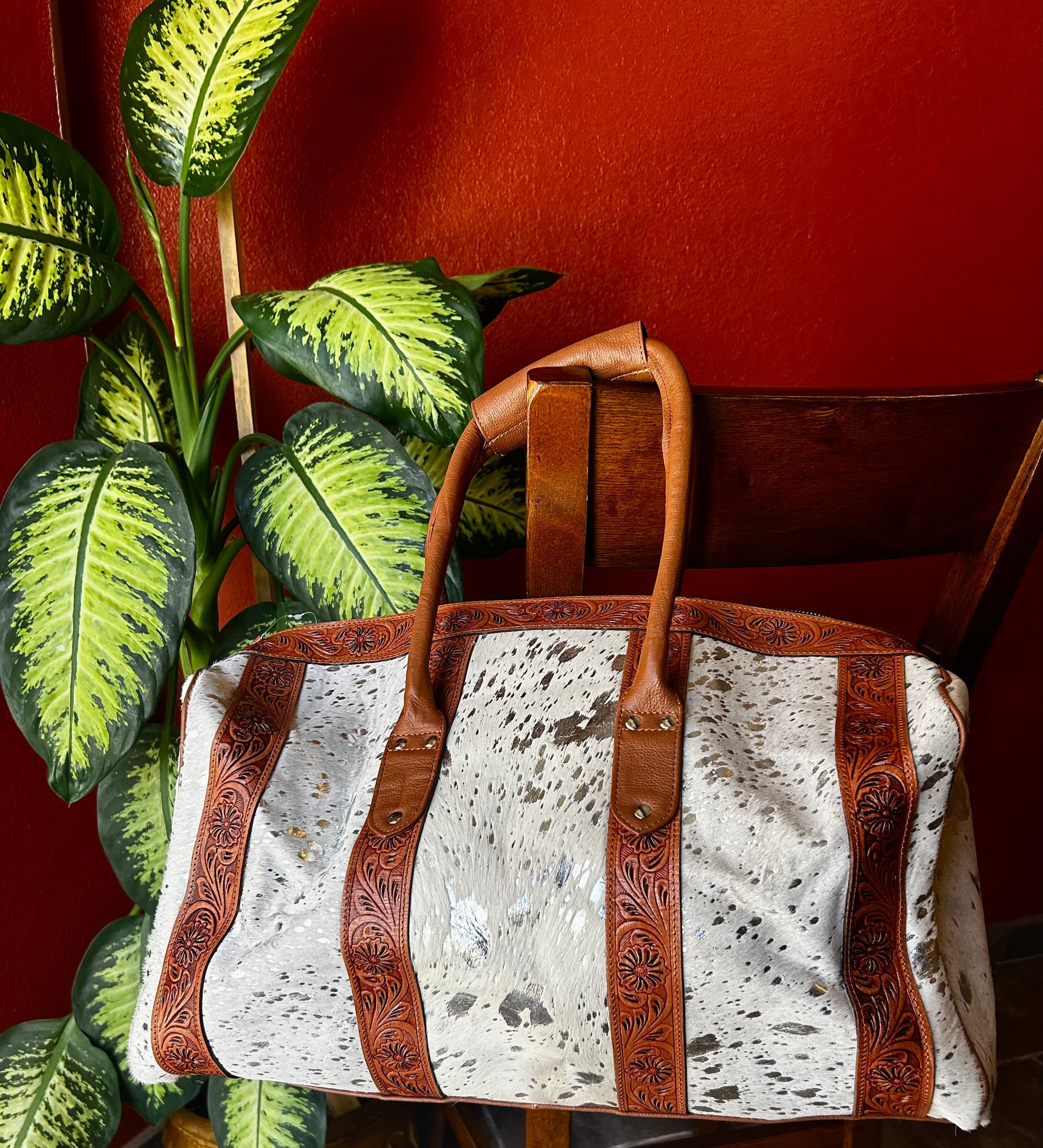 Genuine Tooled Leather Cowhide Duffle Bag