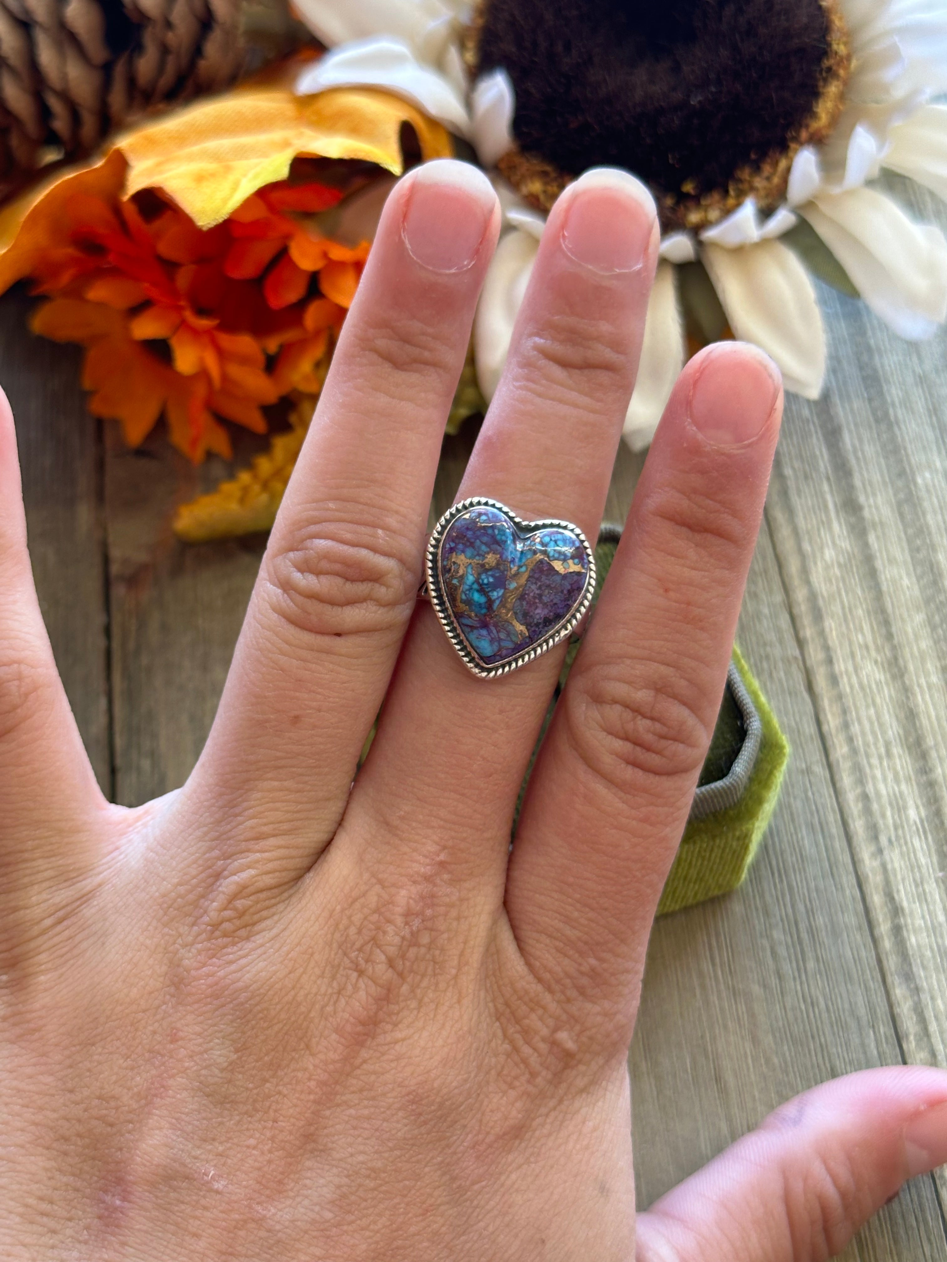 Southwest Handmade Mohave Turquoise & Sterling Silver Adjustable Heart Ring