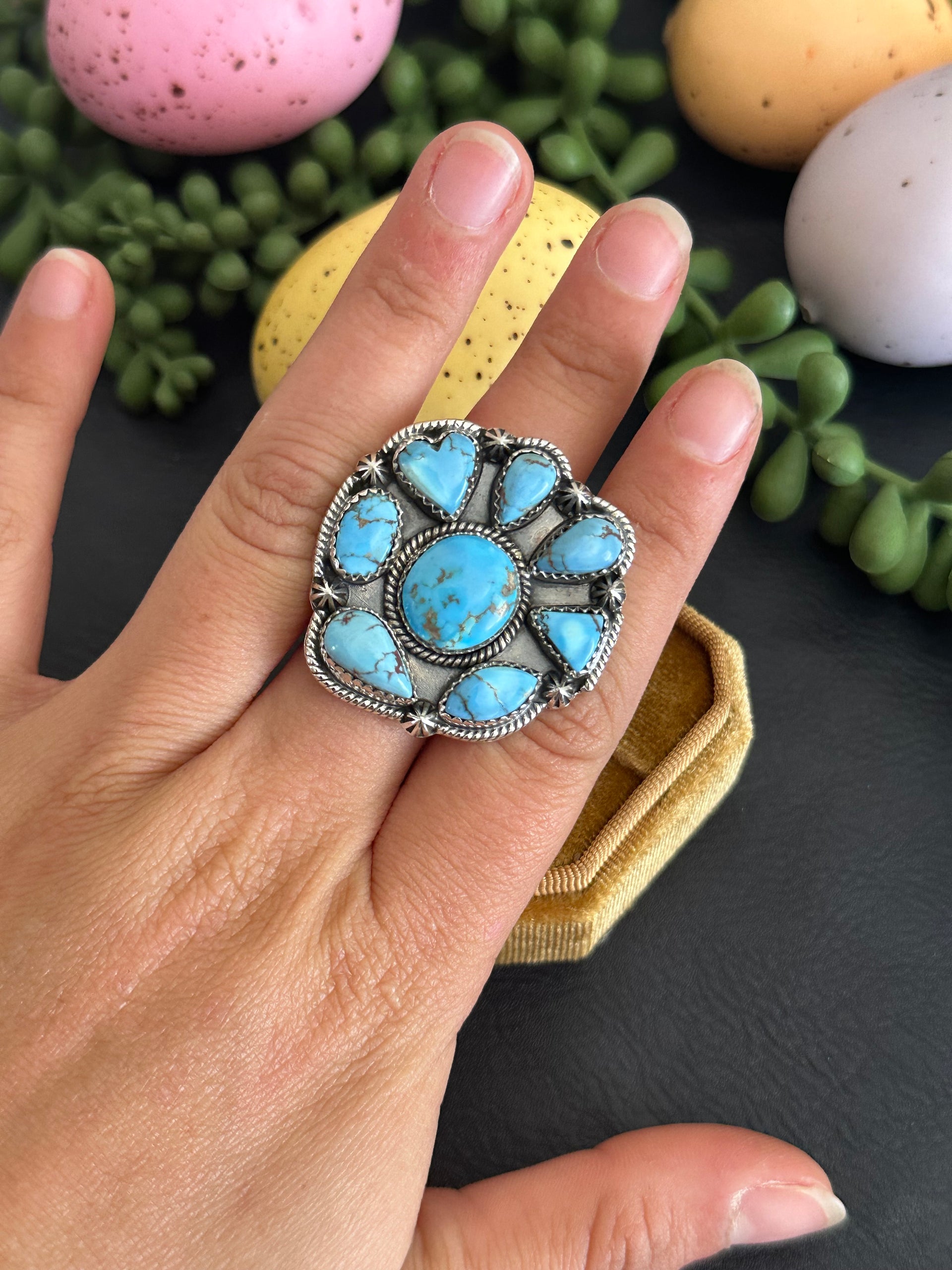 Southwest Handmade Golden Hills Turquoise & Sterling Silver Adjustable Cluster Ring