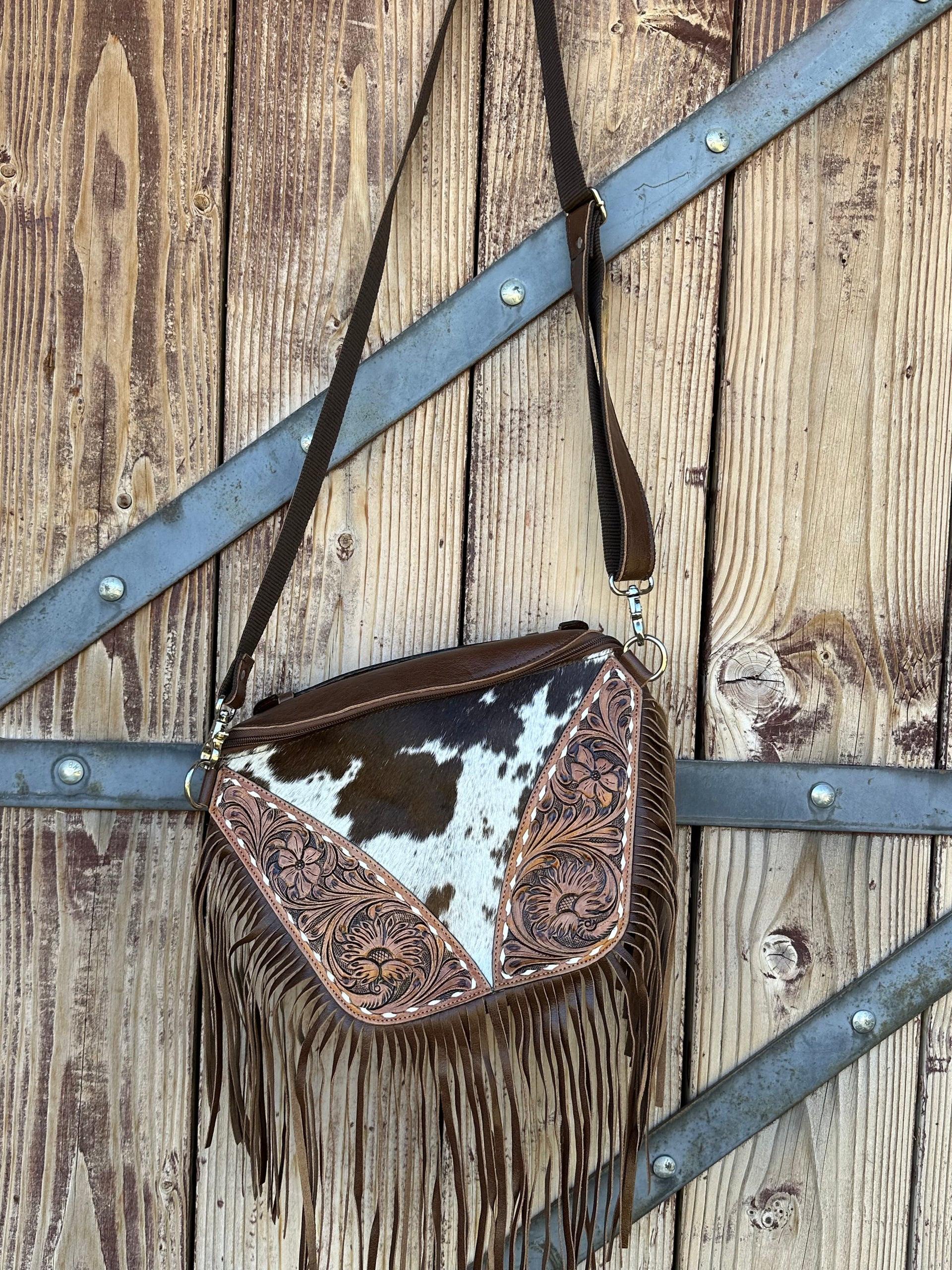 Genuine Tooled Leather & Cowhide Fringe Purse