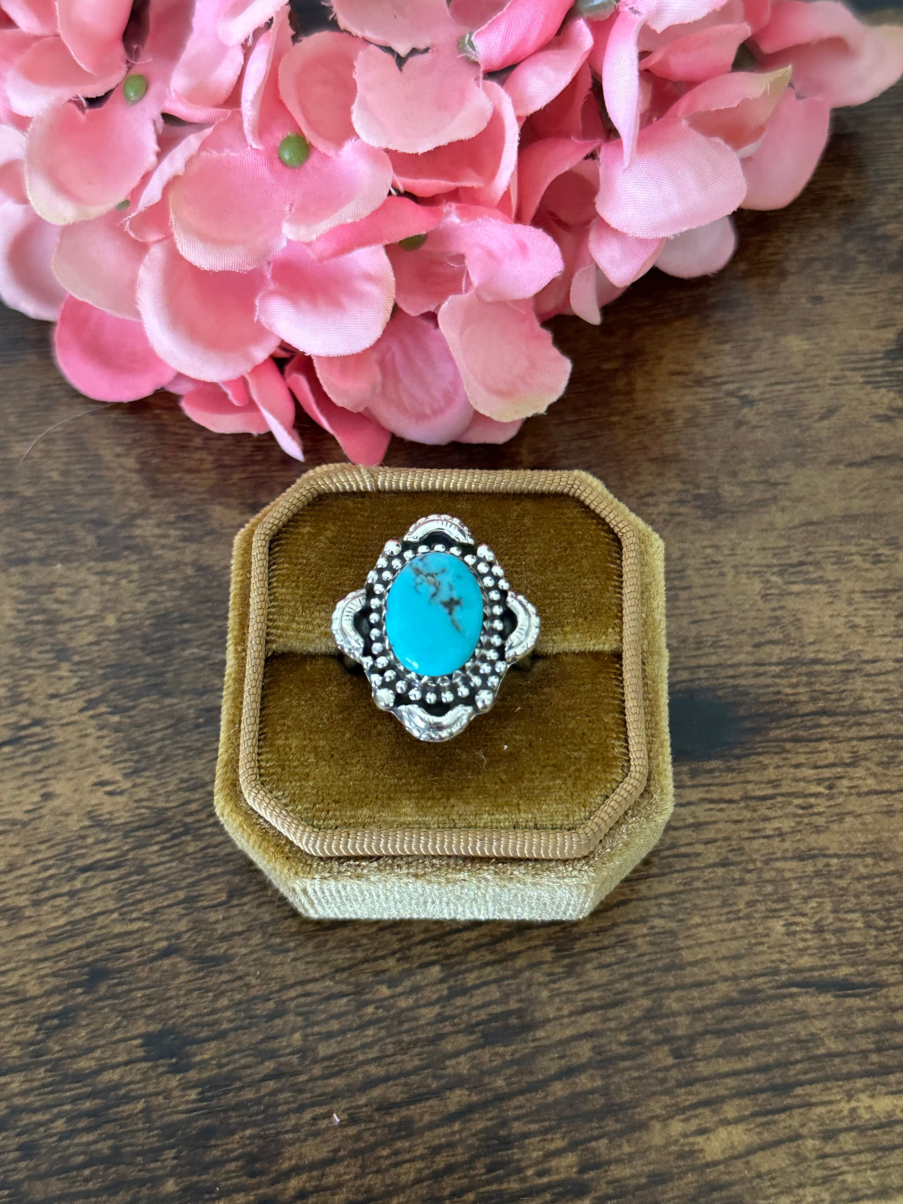 Southwest Handmade Kingman Turquoise & Sterling Silver Ring Size 7.75