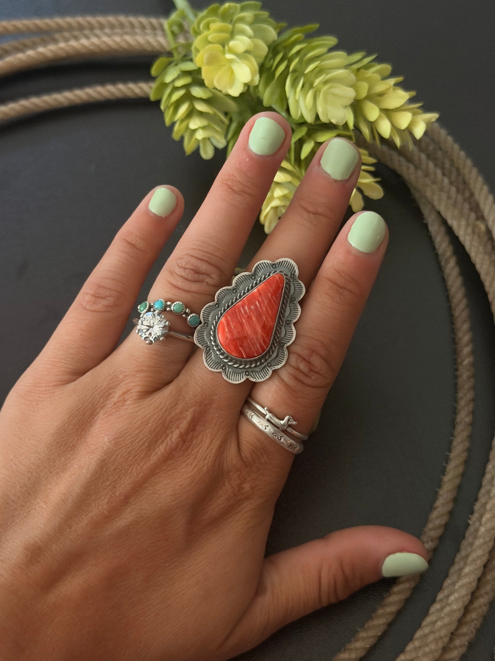 Dave Skeets Red Spiny Oyster & Sterling Silver Ring Size 8.5