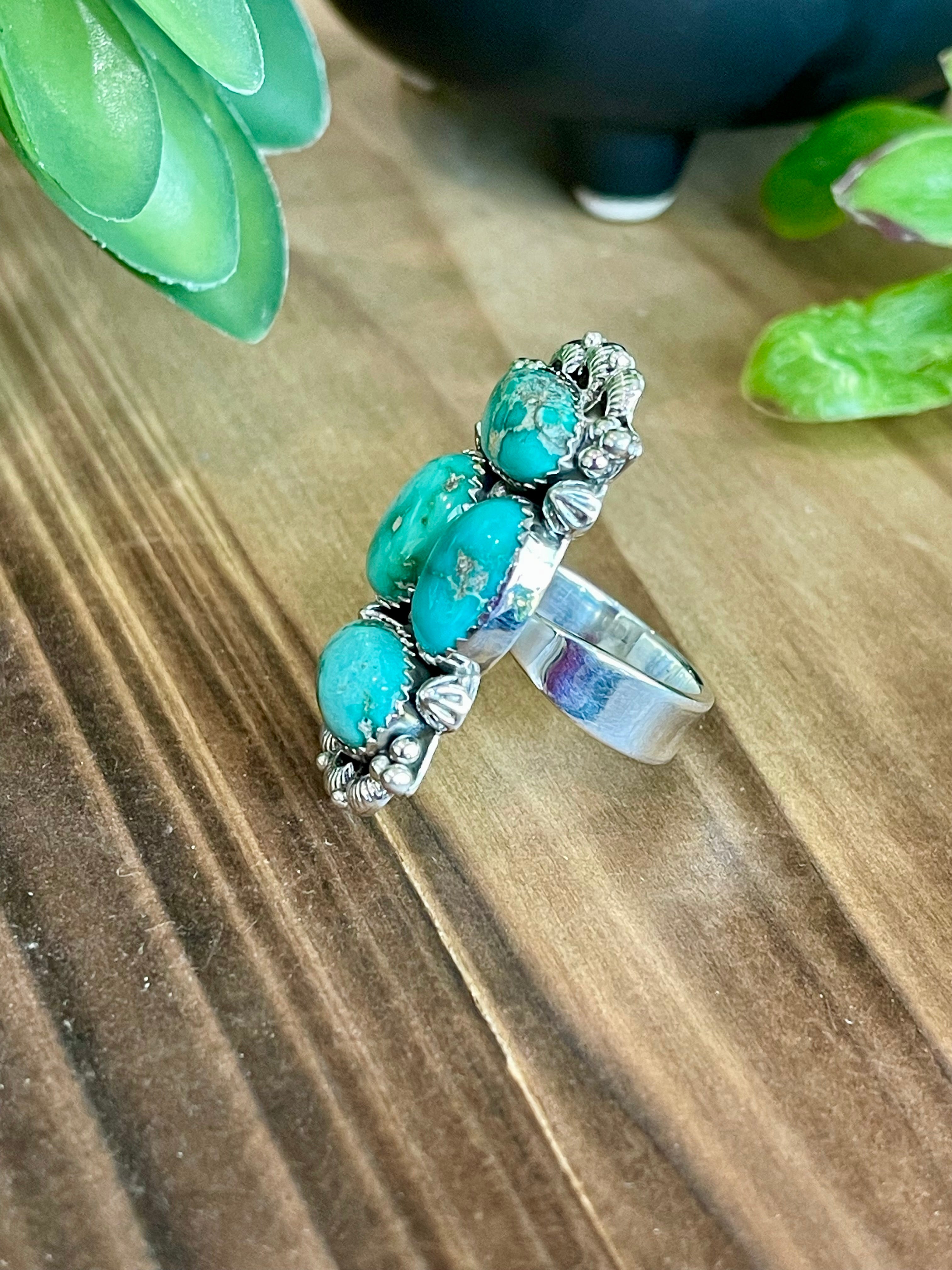 Southwest Handmade Emerald Valley Turquoise & Sterling Silver Adjustable Cluster Ring