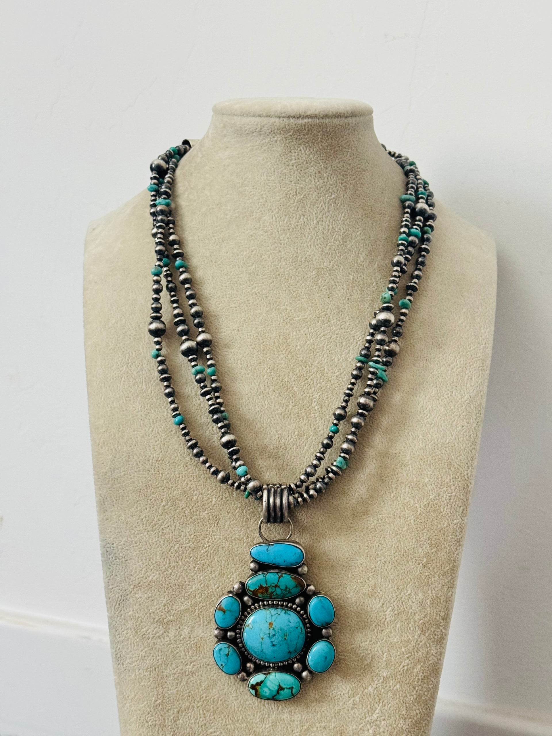 Betty Tom Mixed Turquoise & Sterling Silver Pearl Necklace/Pendant