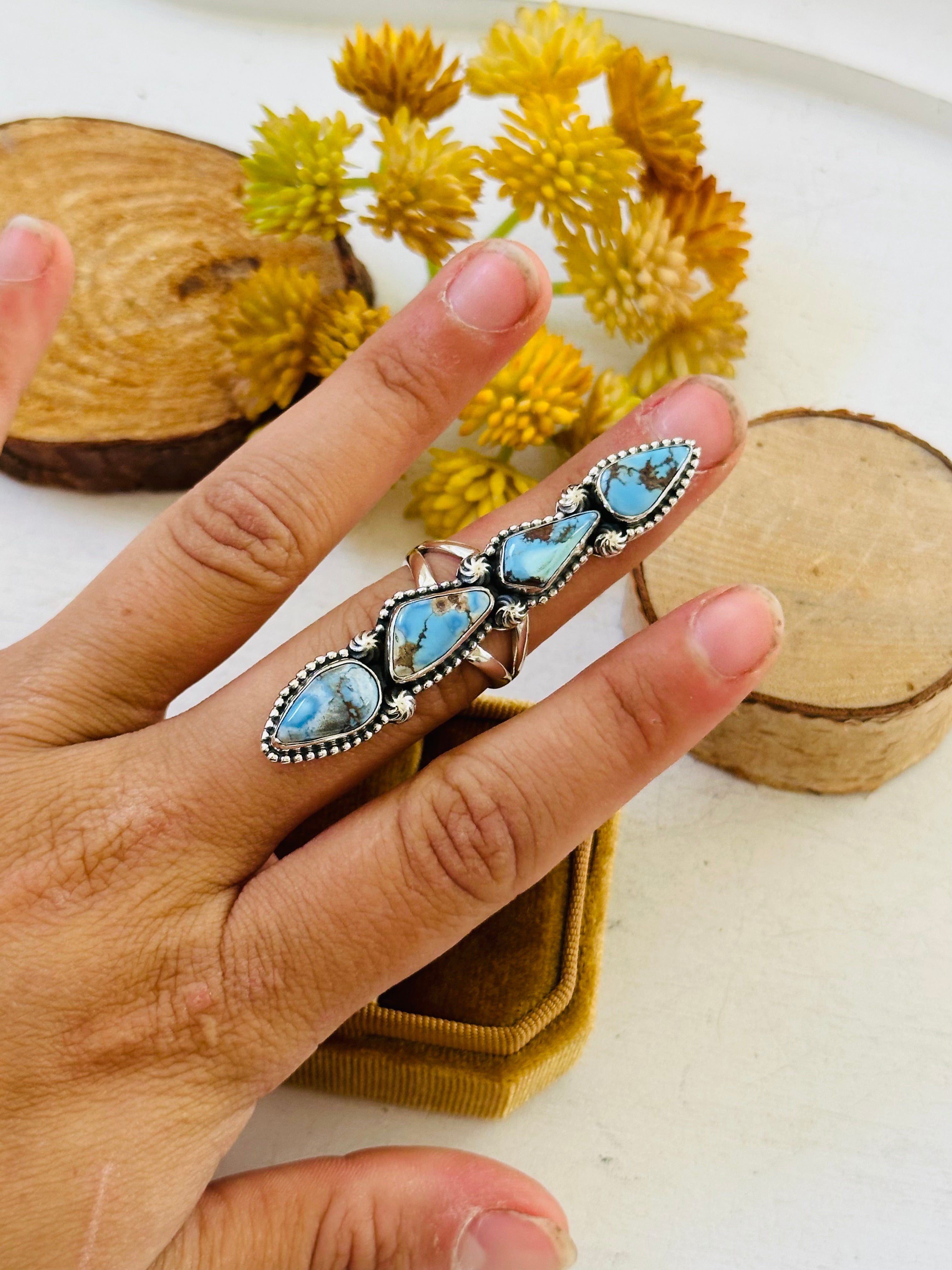 Southwest Handmade Golden Hills Turquoise & Sterling Silver Ring Size 6.25