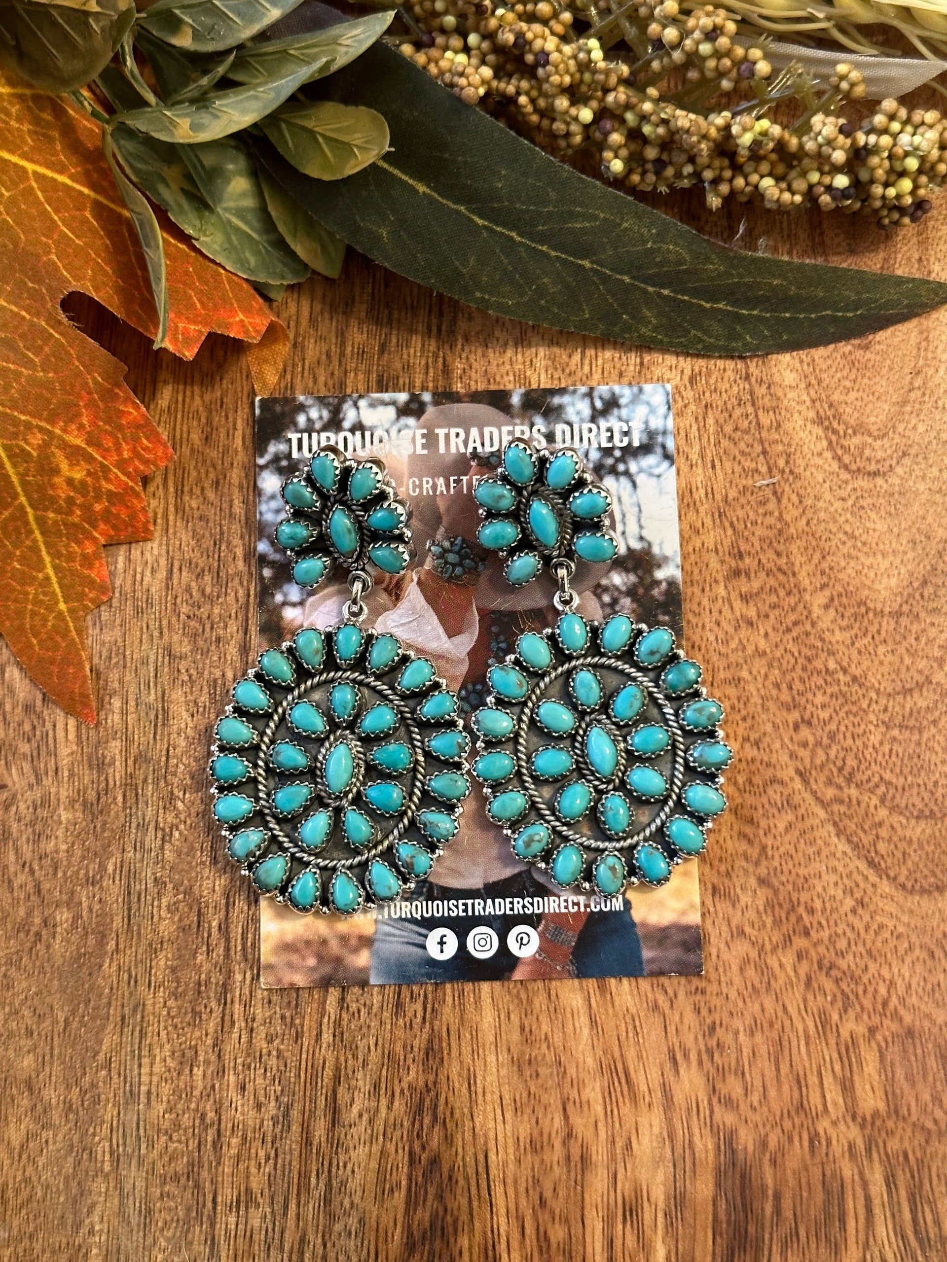 Southwest Handmade Kingman Turquoise & Sterling Silver Post Dangle Cluster Earrings