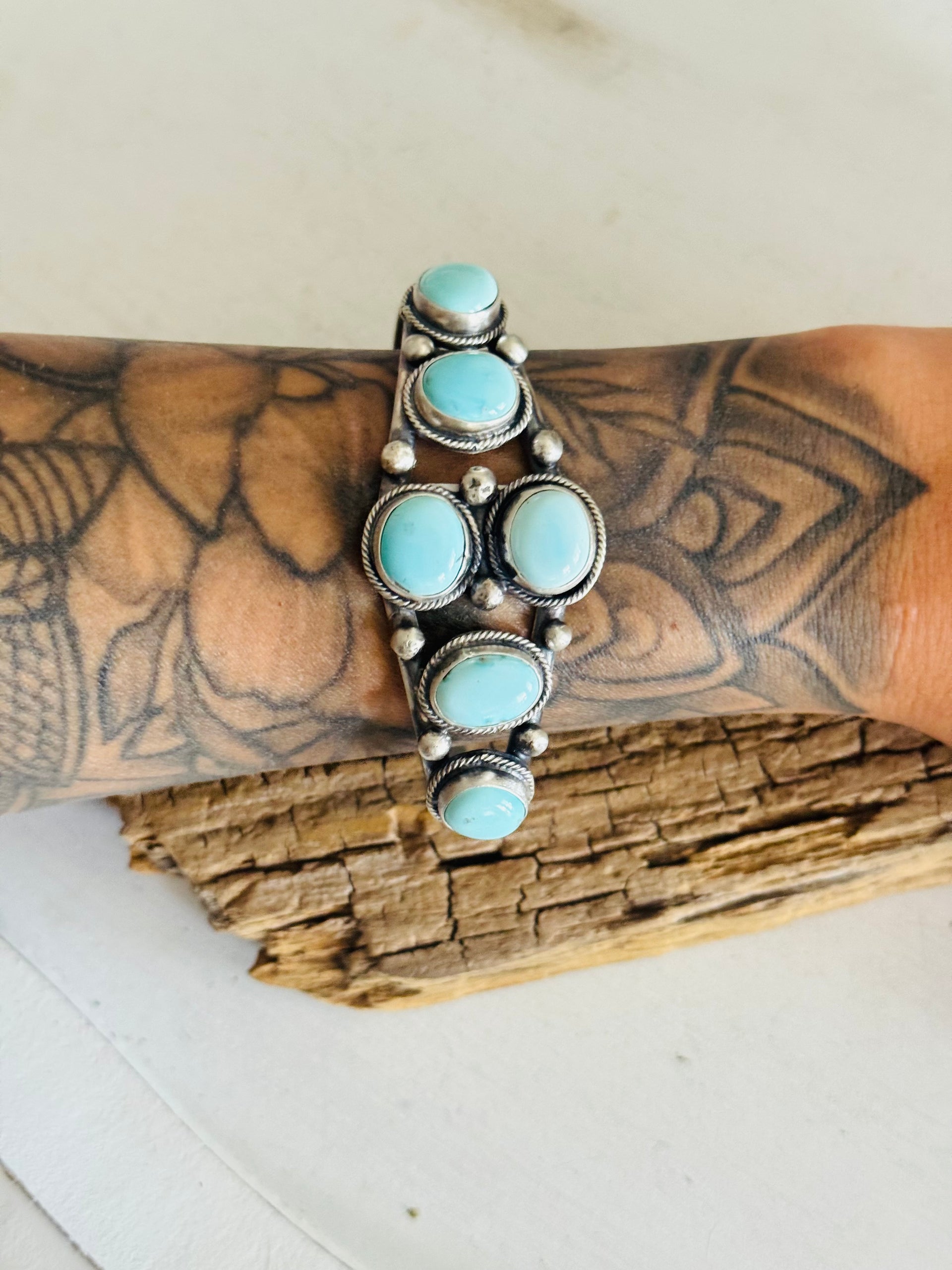 Bobby Johnson Kingman Turquoise & Sterling Silver Cluster Cuff Bracelet