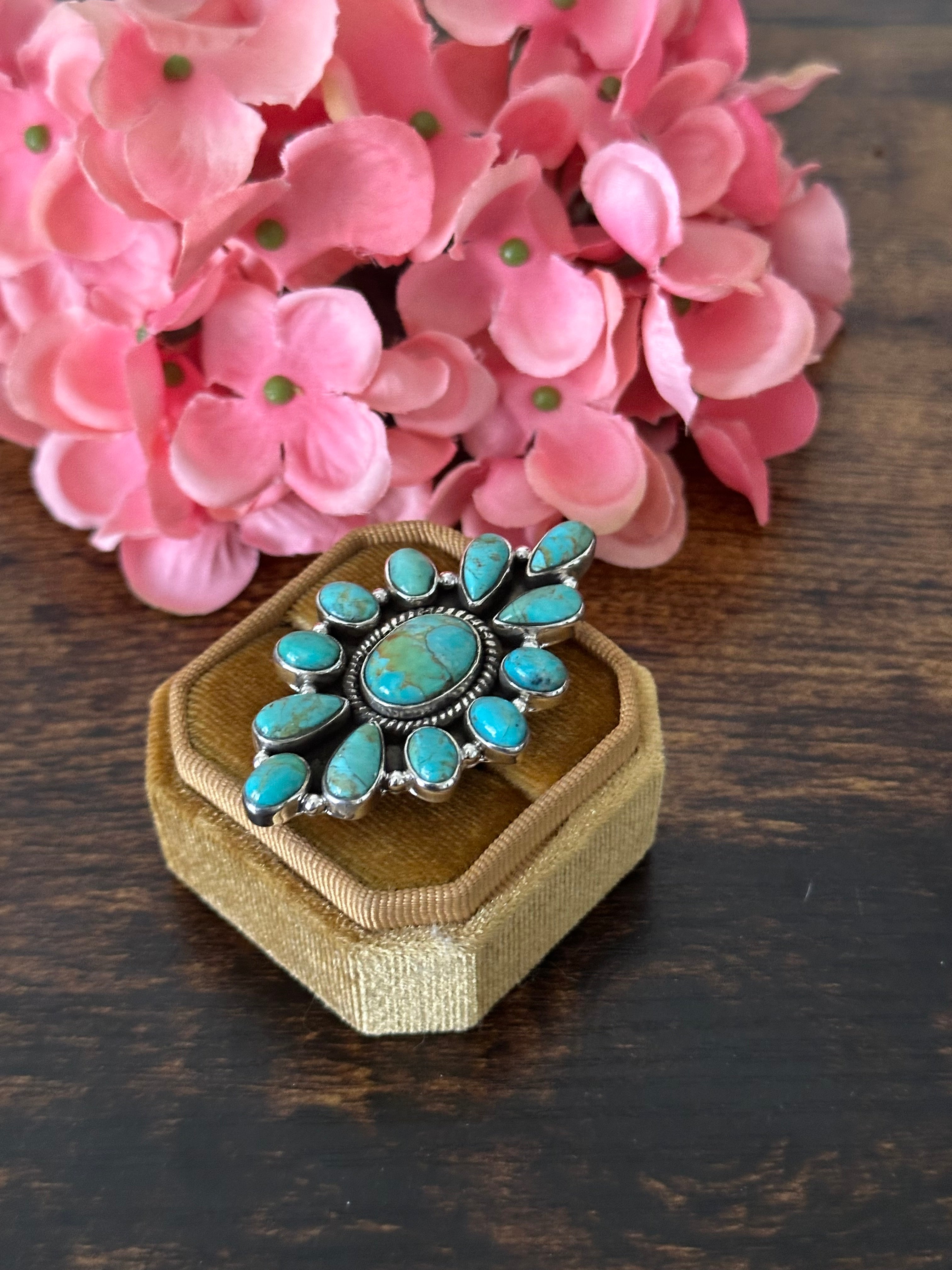 Southwest Handmade Kingman Turquoise & Sterling Silver Cluster Adjustable Ring