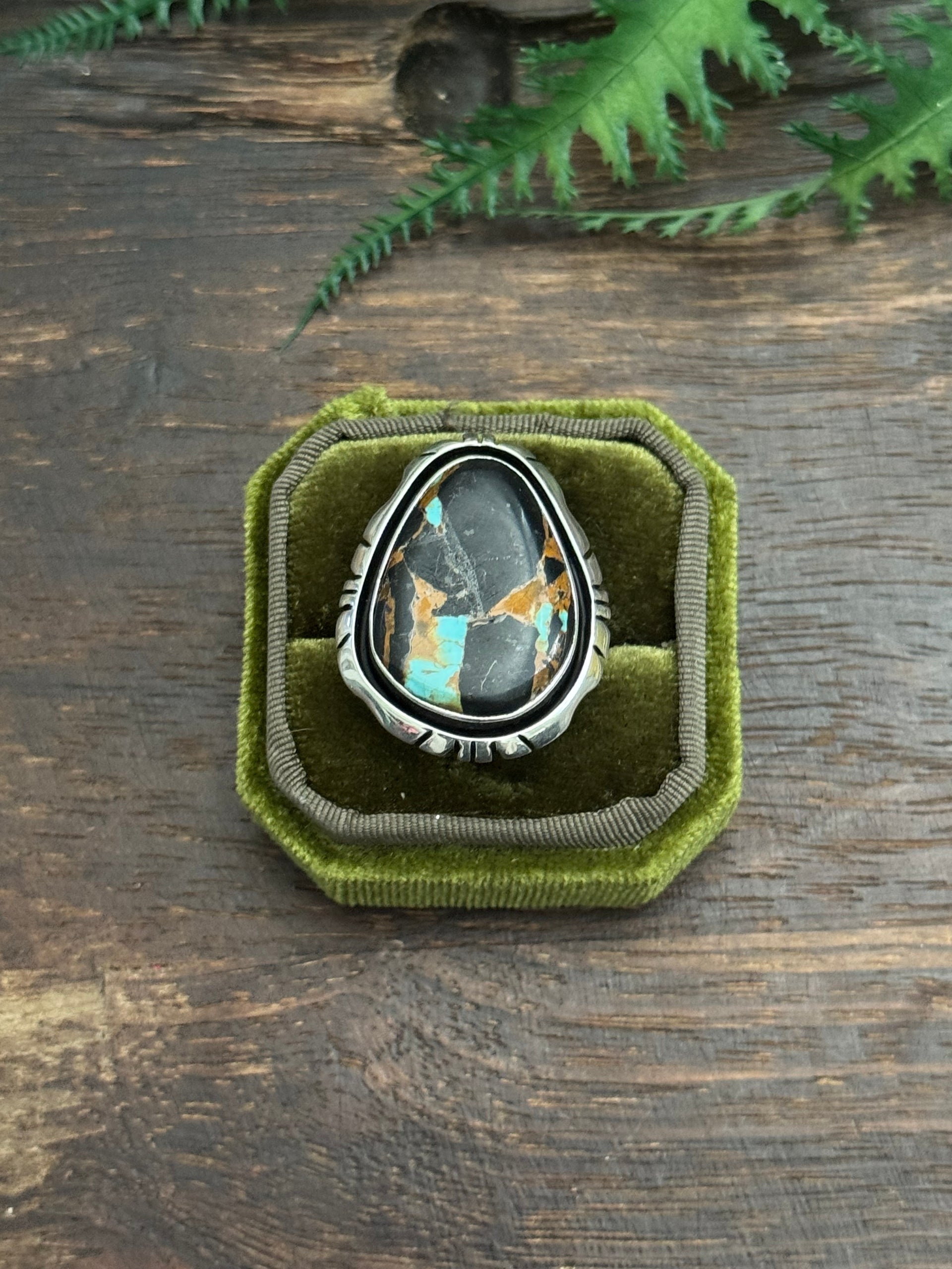 Navajo Made Black Jack Turquoise & Sterling Silver Adjustable Ring