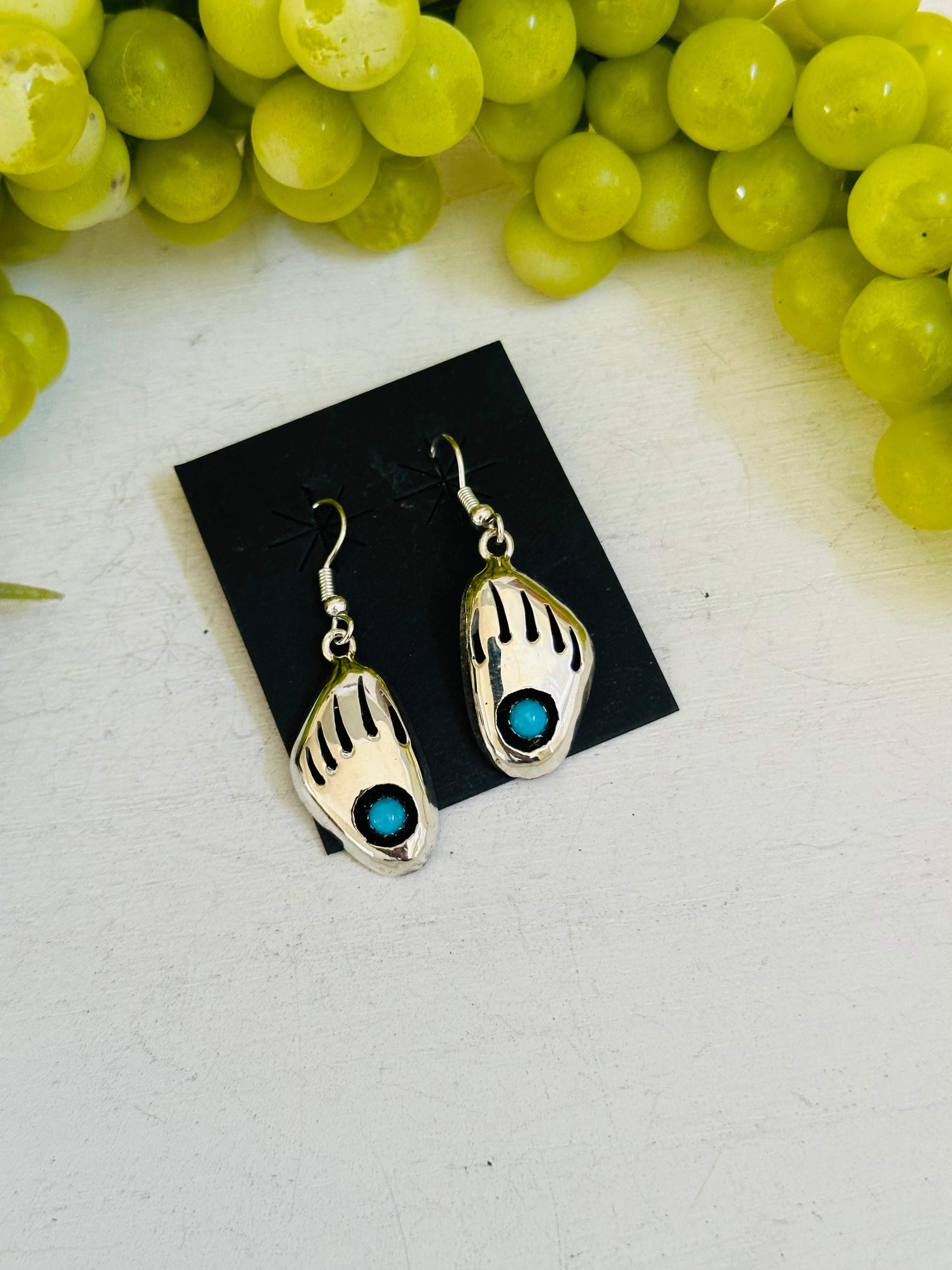 Navajo Made Kingman Turquoise & Sterling Silver Bear Claw Dangle Earrings