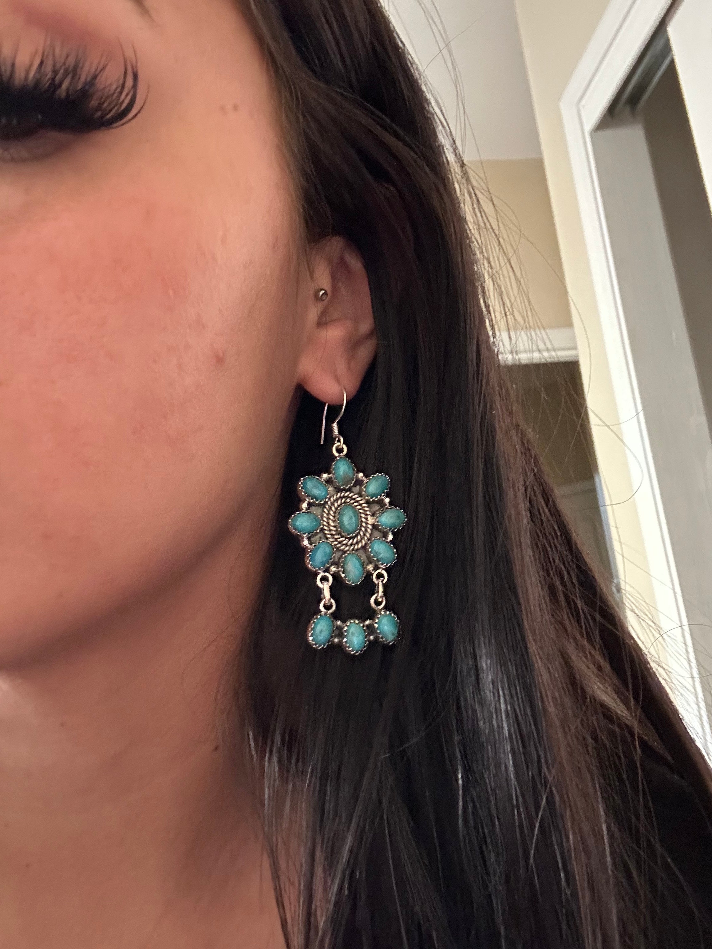 Southwest Kingman Turquoise& Sterling Silver Dangle Cluster Earrings