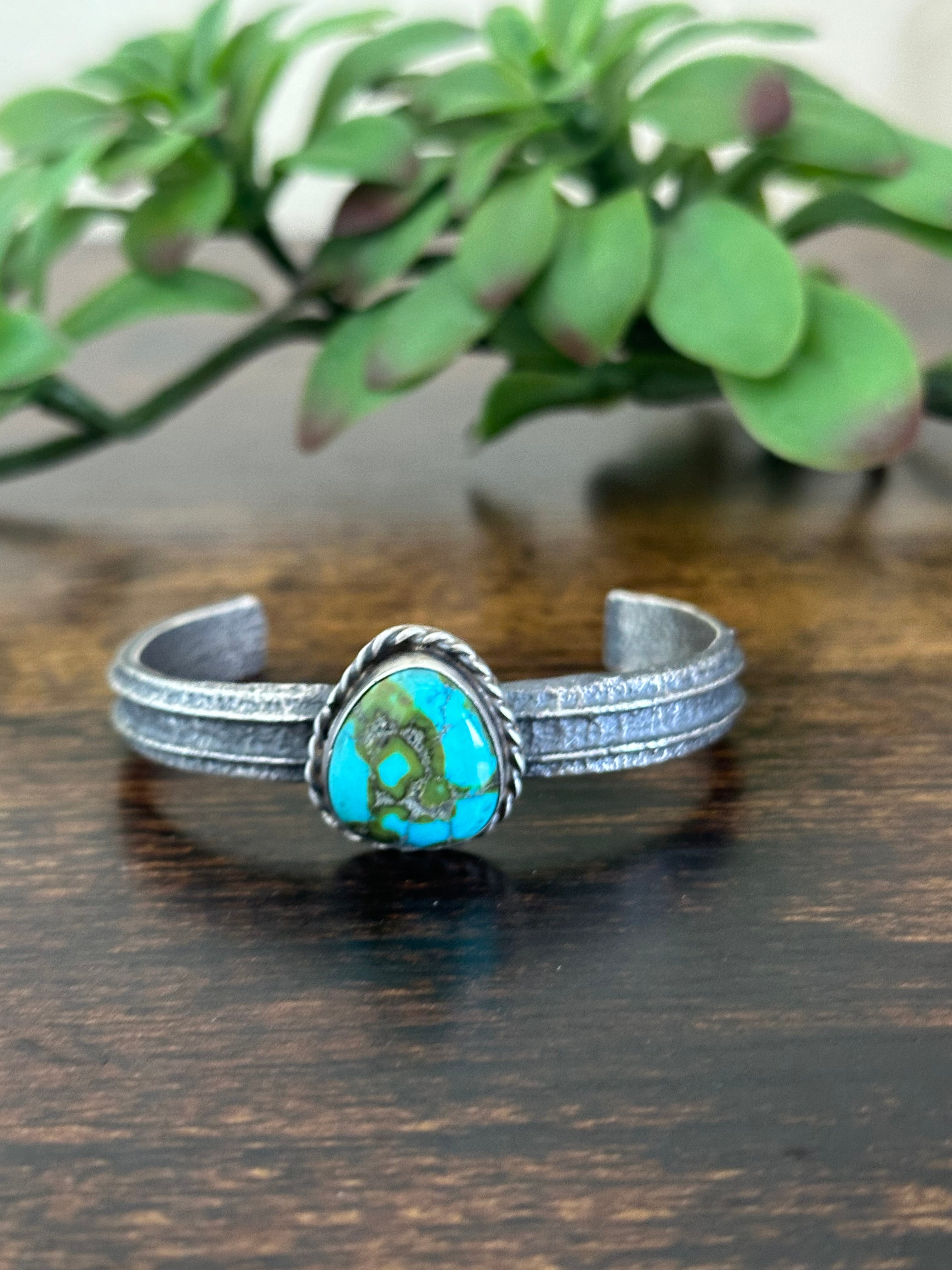 Navajo Made Sonoran Mountain Turquoise & Sterling Silver Tufa Cast Cuff Bracelet