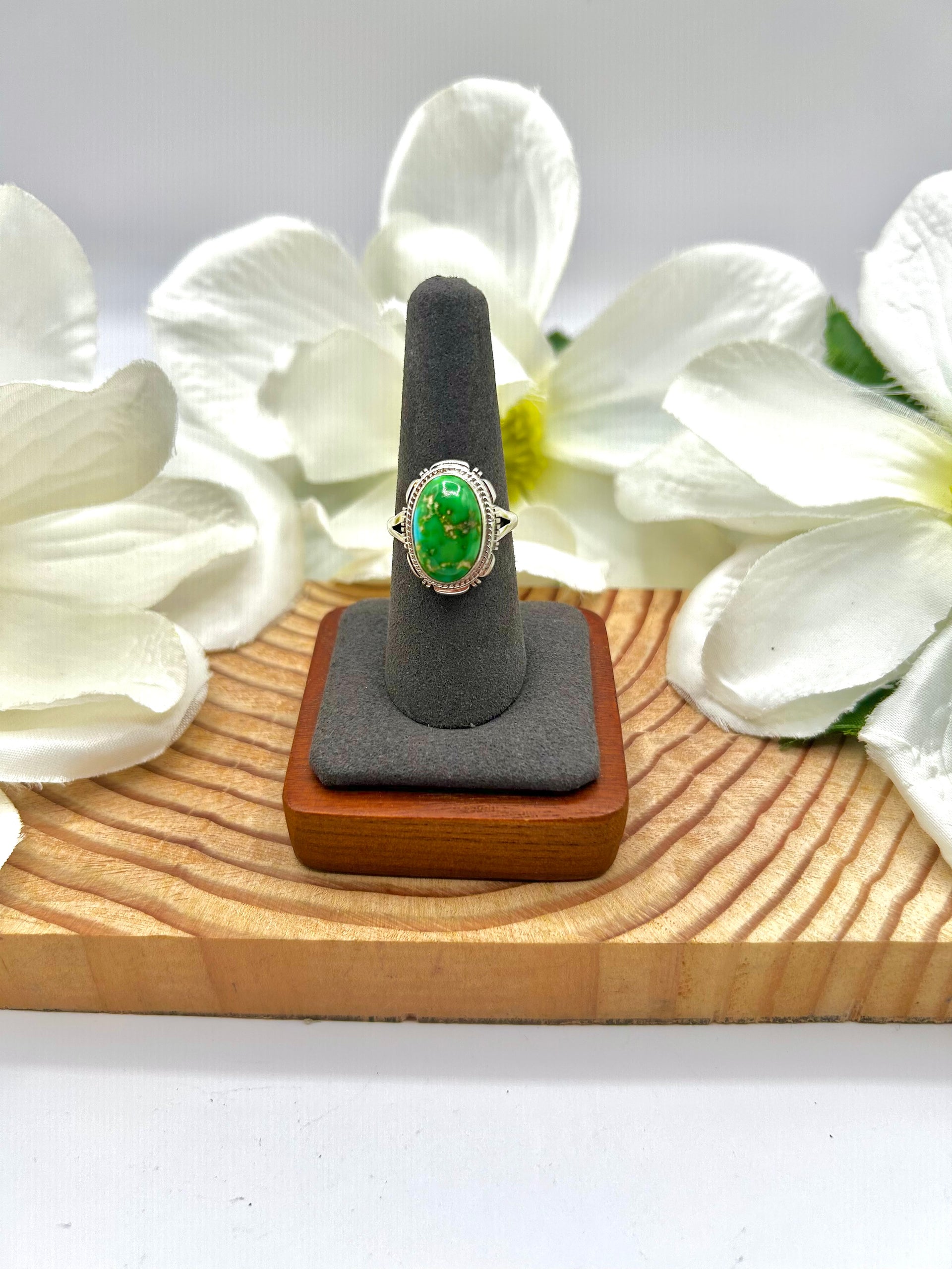 Navajo Made Sonoran Gold Turquoise & Sterling Silver Ring Size 7.5
