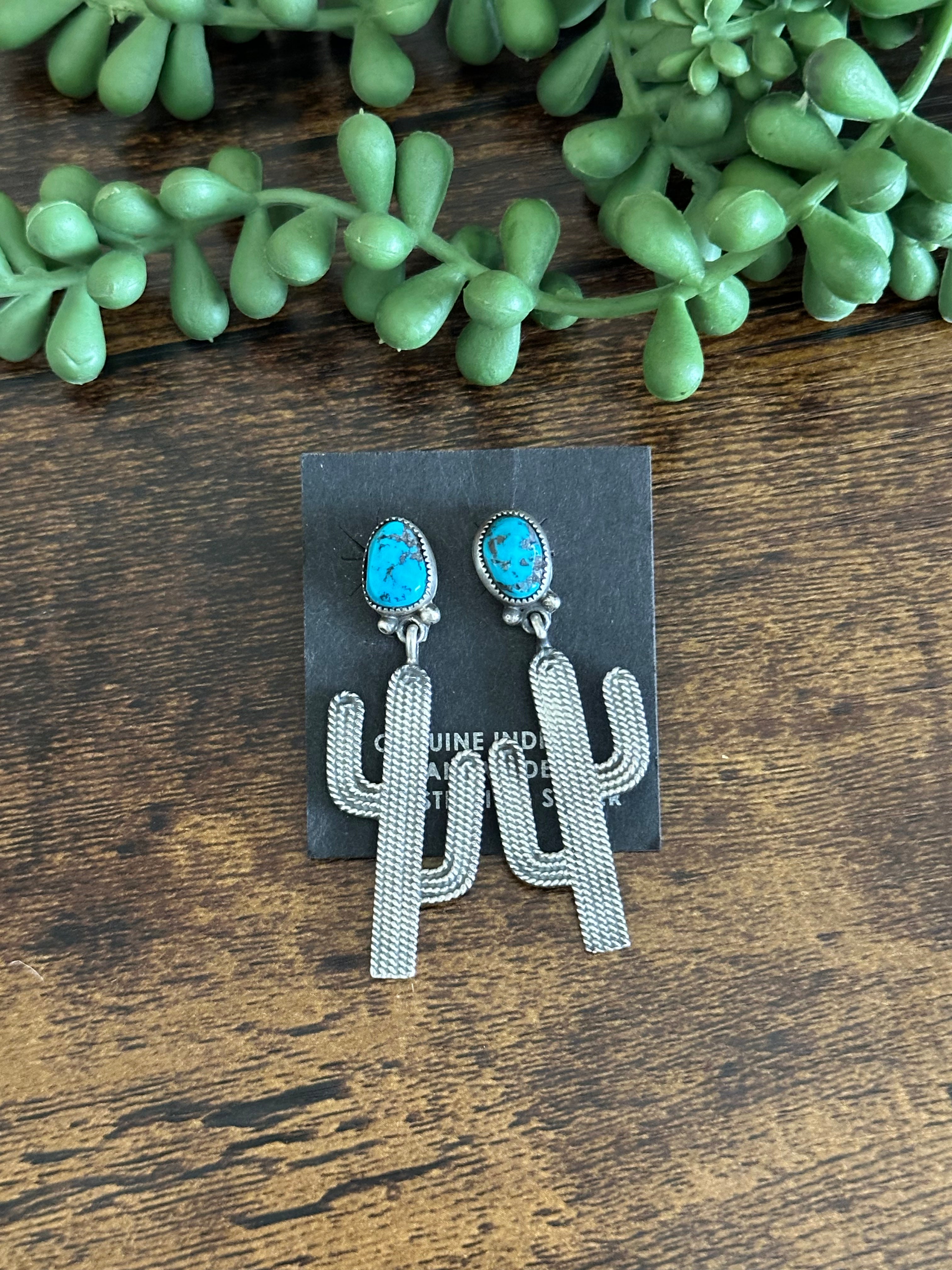 Navajo Made Kingman Turquoise & Sterling Silver Post Dangle Cactus Earrings